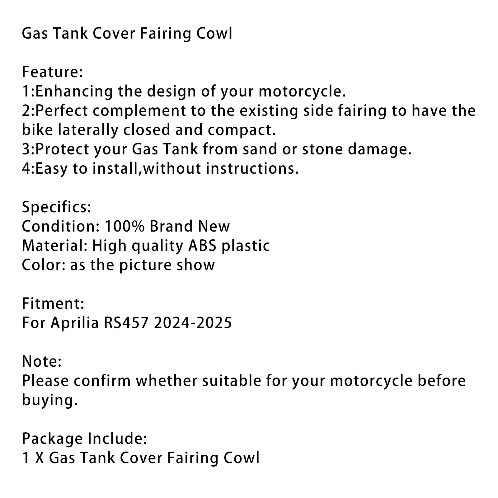 2024-2025 Aprilia RS457 RS 457 Gas Tank Cover Trim Fairing Cowl