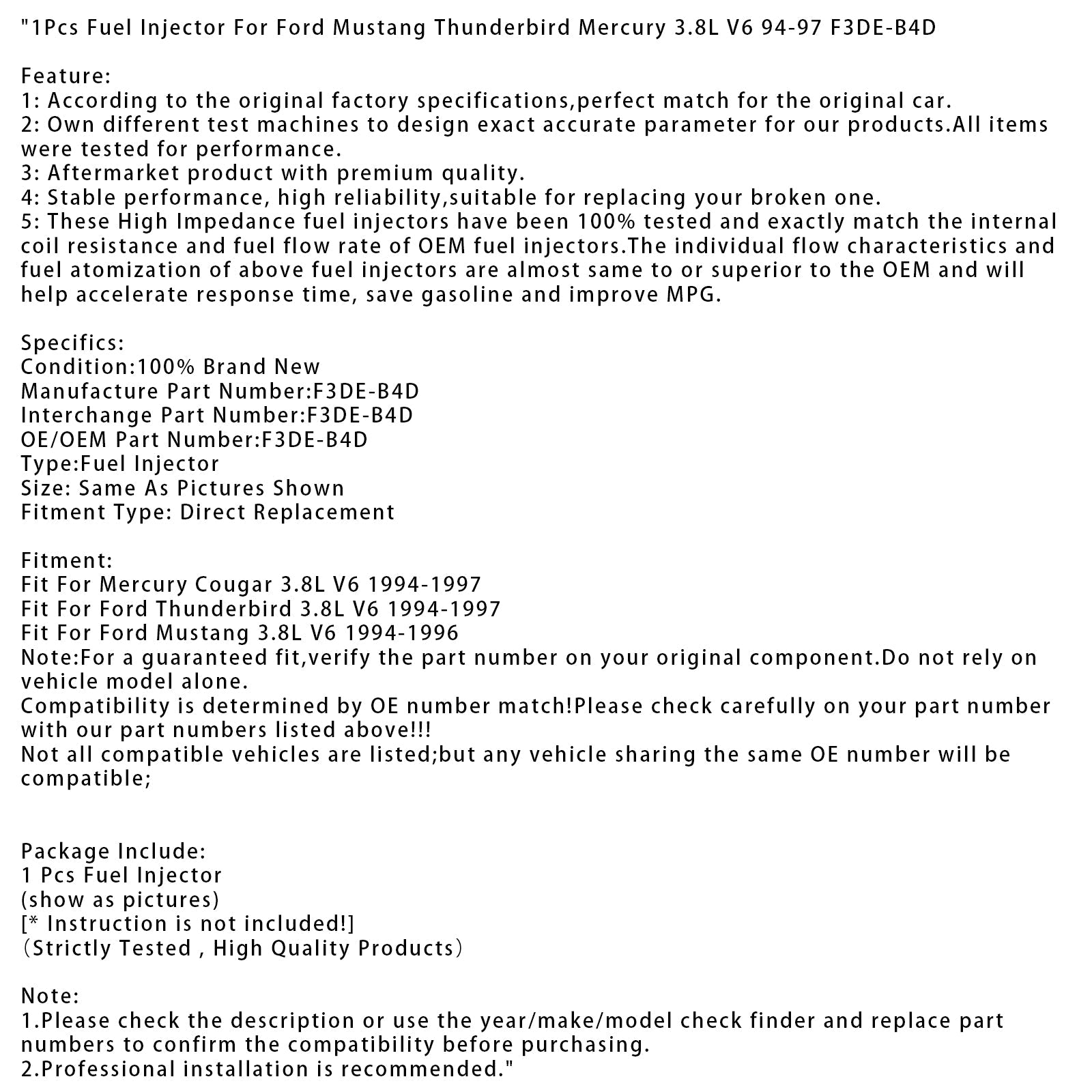 1Pcs Fuel Injector For Ford Mustang Thunderbird Mercury 3.8L V6 94-97 F3DE-B4D