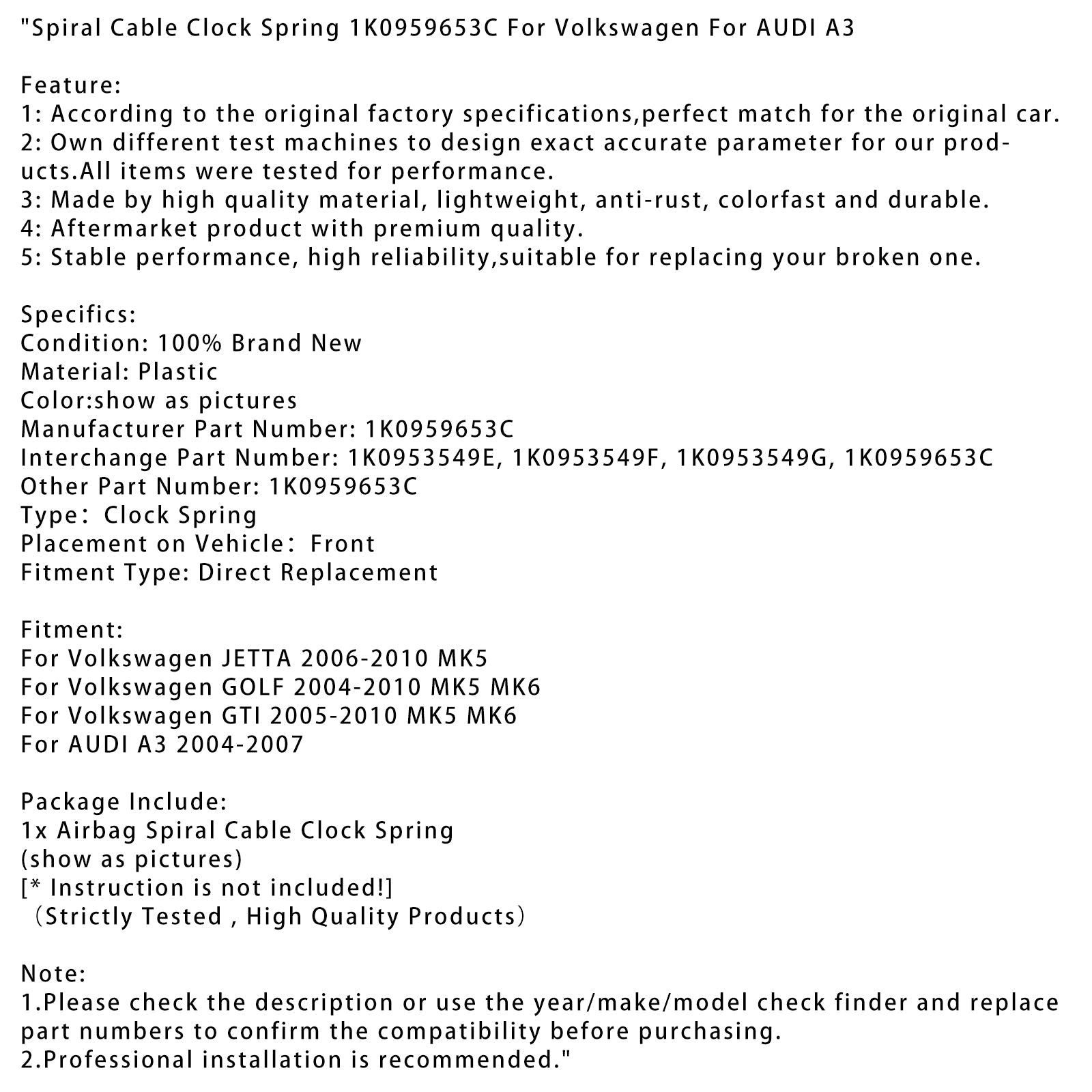 Spiral Cable Clock Spring 1K0959653C For Volkswagen For AUDI A3
