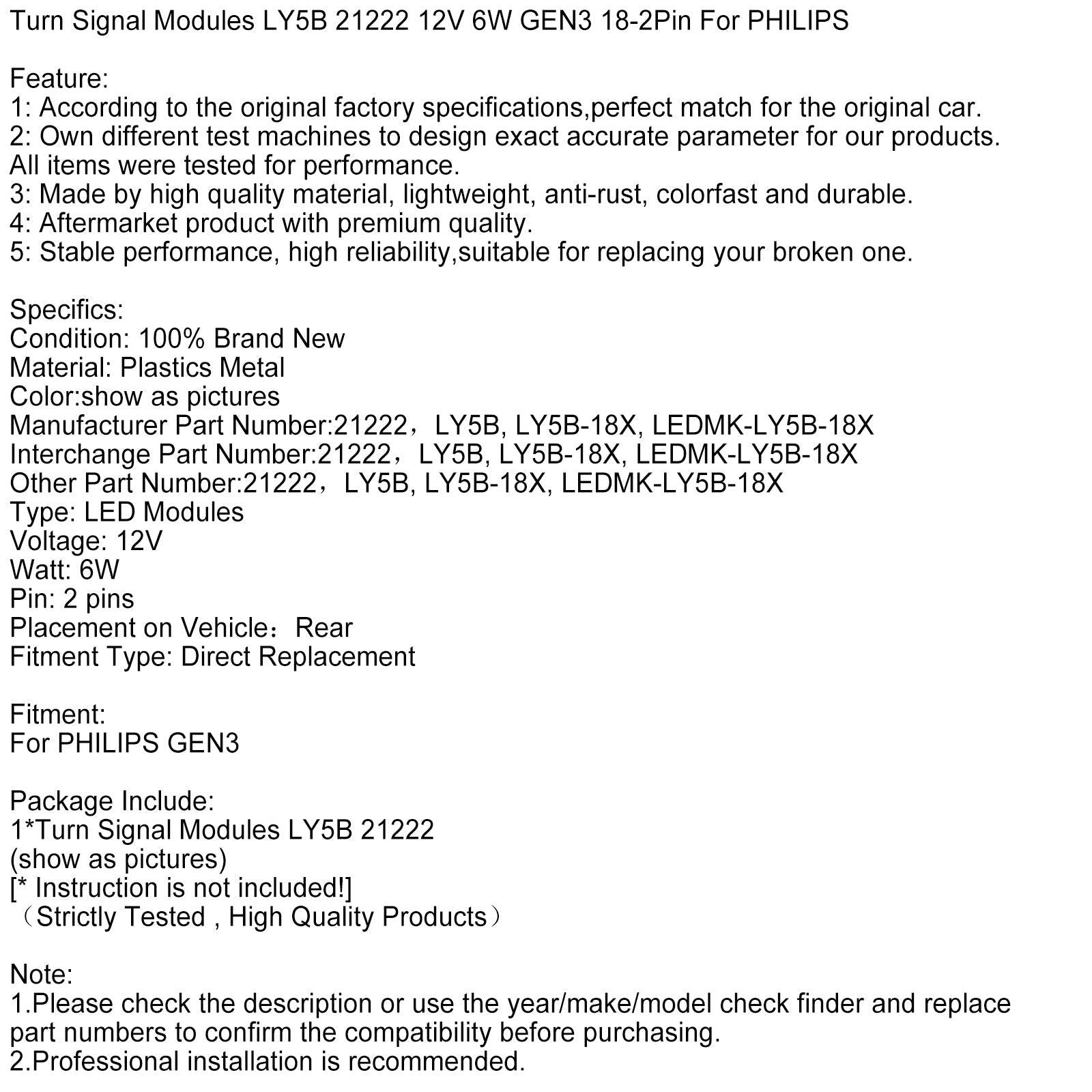 Turn Signal Modules LY5B 21222 12V 6W GEN3 18-2Pin For PHILIPS