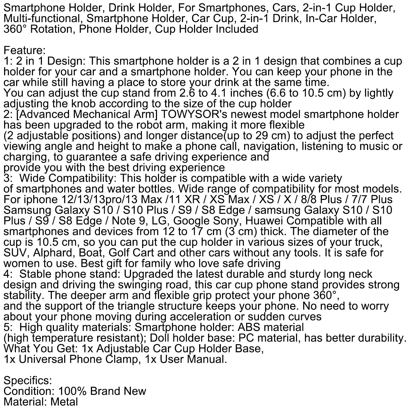 Smartphone Holder, Drink Holder, For Smartphones, Cars, 2-in-1 Cup Holder