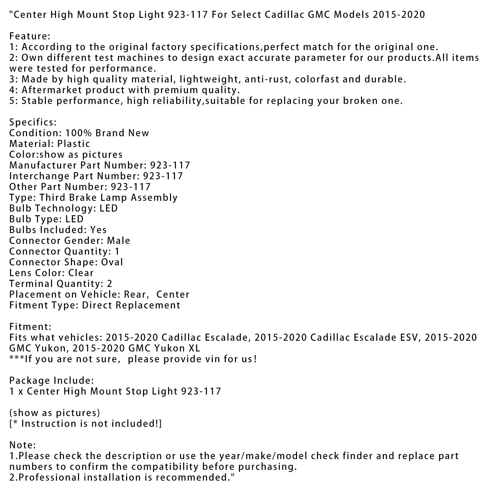 Center High Mount Stop Light 923-117 For Select Cadillac GMC Models 2015-2020