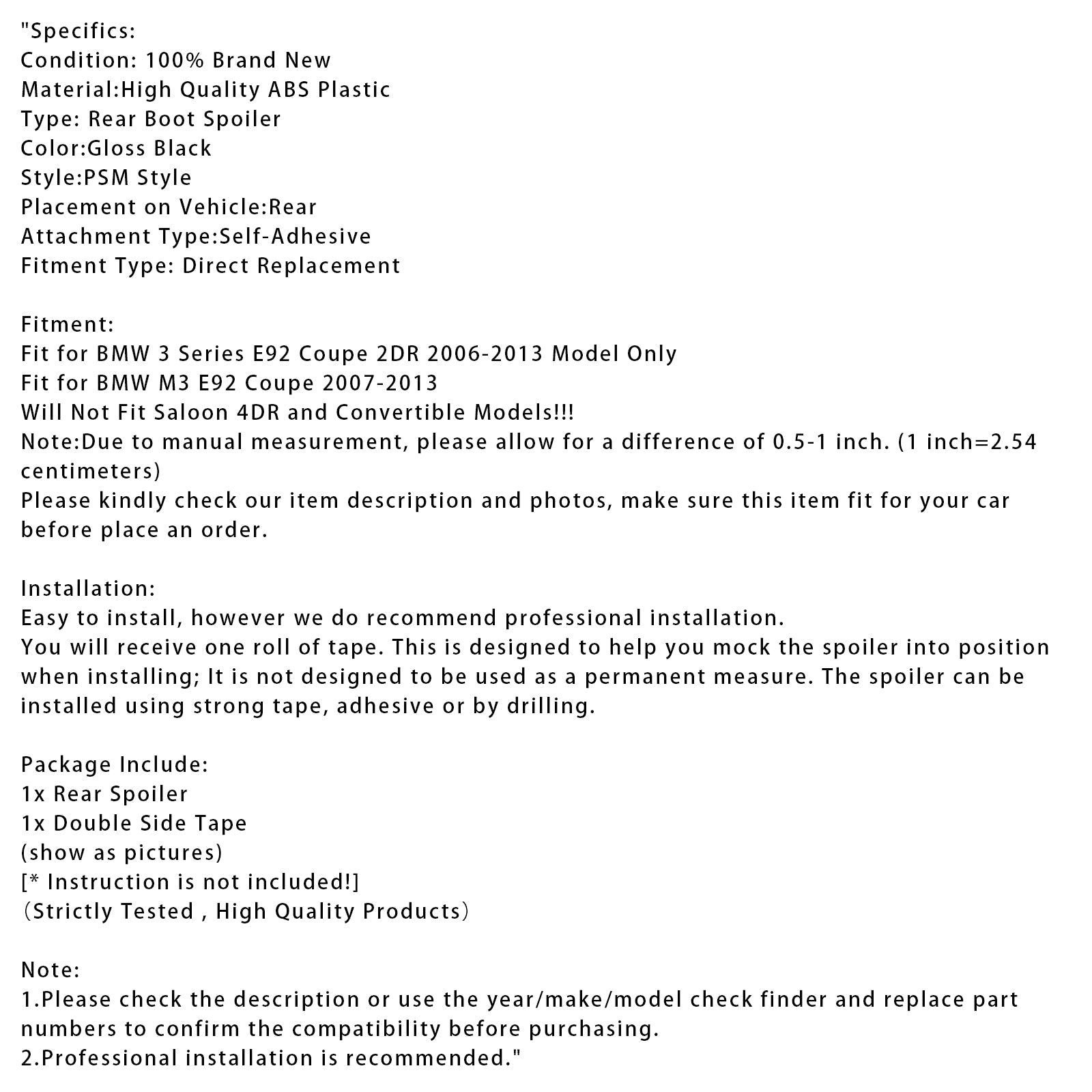 2006-2013 BMW 3 Series E92 Coupe 2DR Model Only Gloss Black Rear Boot Spoiler