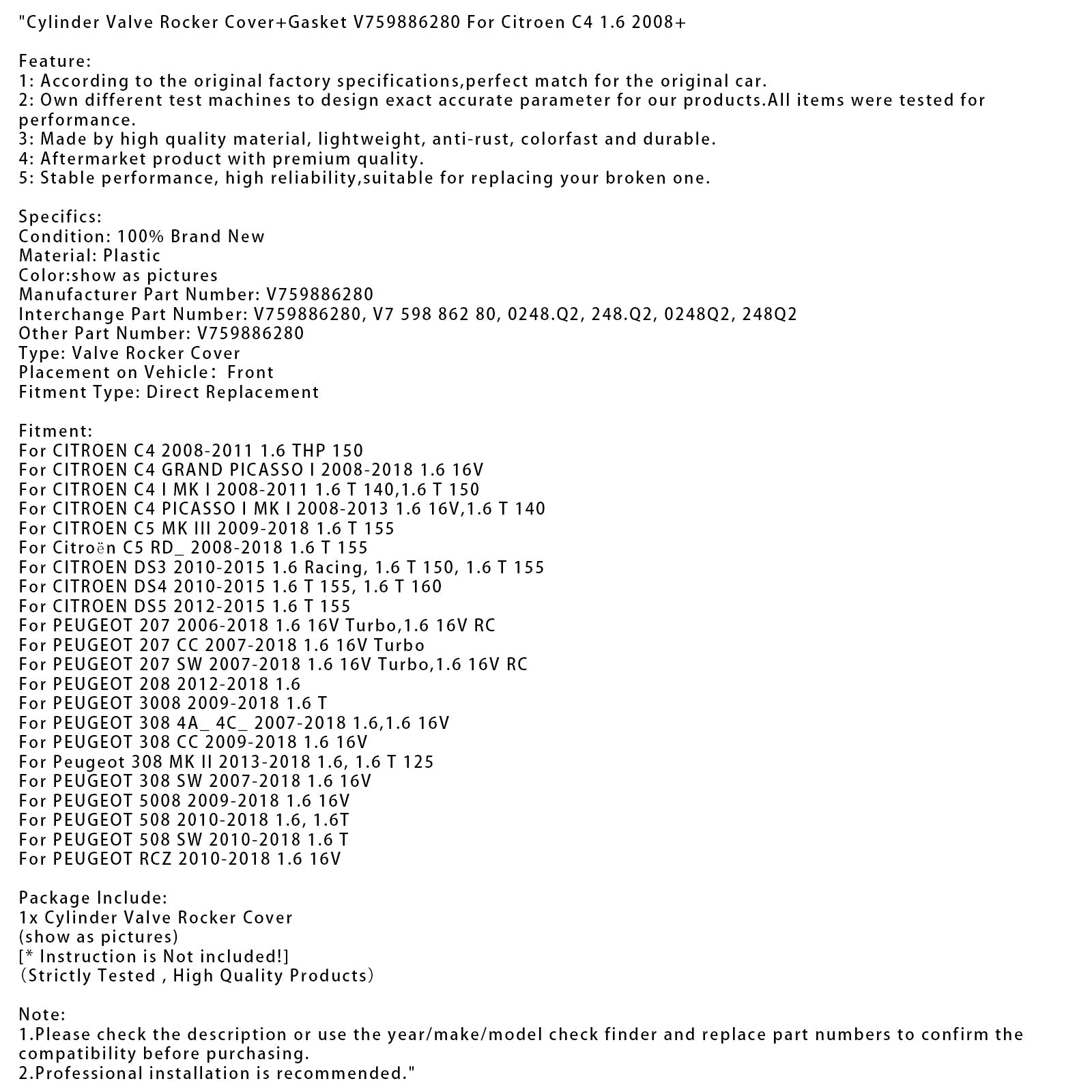 2008-2013 CITROEN C4 PICASSO I MK I 1.6 16V,1.6 T 140 Cylinder Valve Rocker Cover+Gasket V759886280
