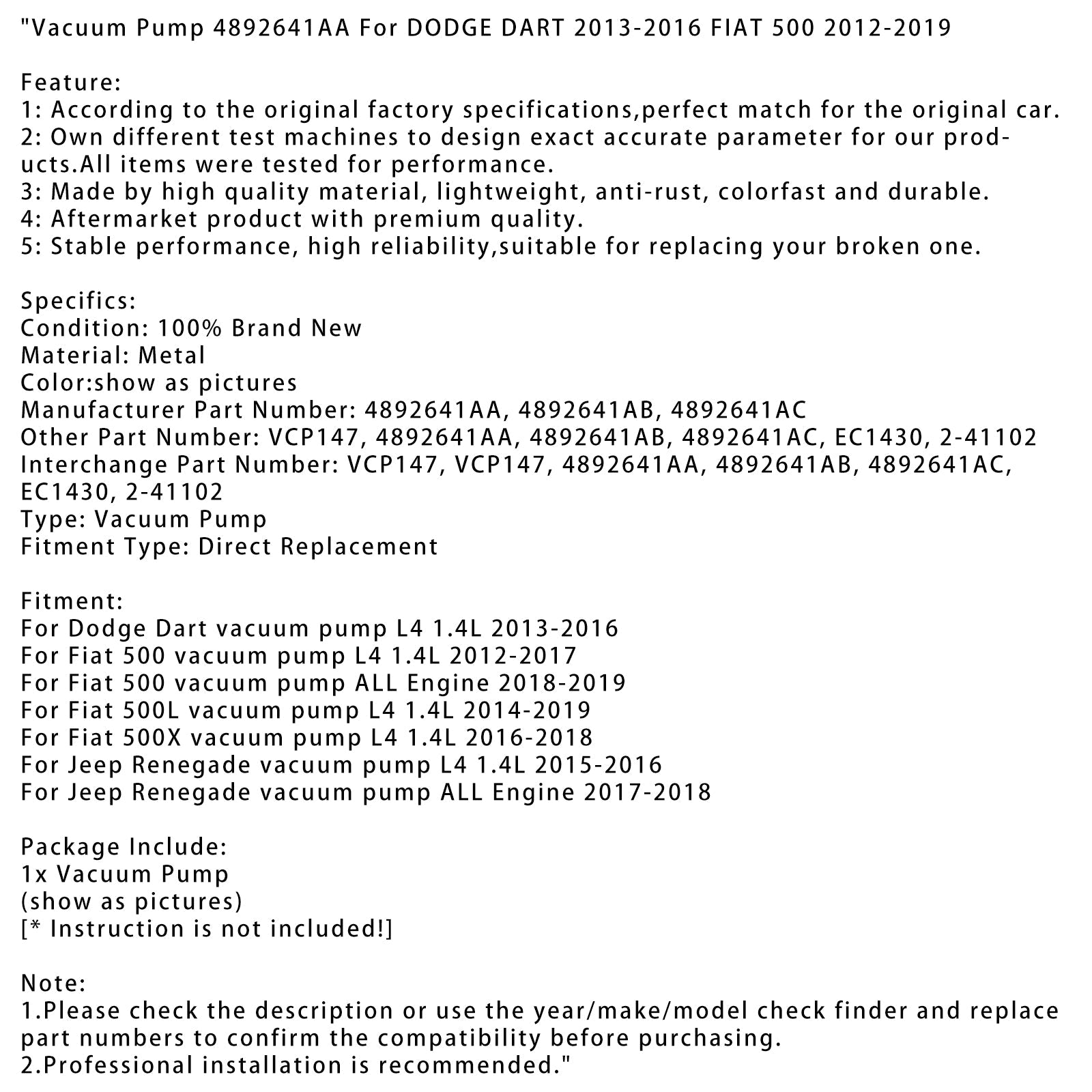 Dodge Dart 2013-2016 Fiat 500 2012-2019 용 진공 펌프 4892641AA