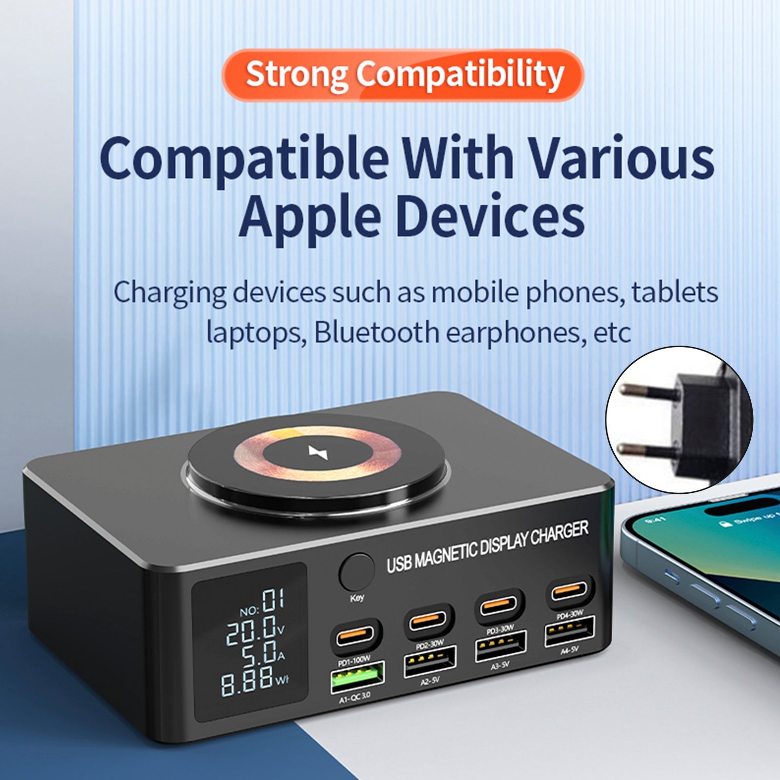 140W Fast Charging Charger Intelligent Digital Display PD100W Mobile Phone Notebook Magnetic Wireless Charging Multi-Port USB Charger EU Plug