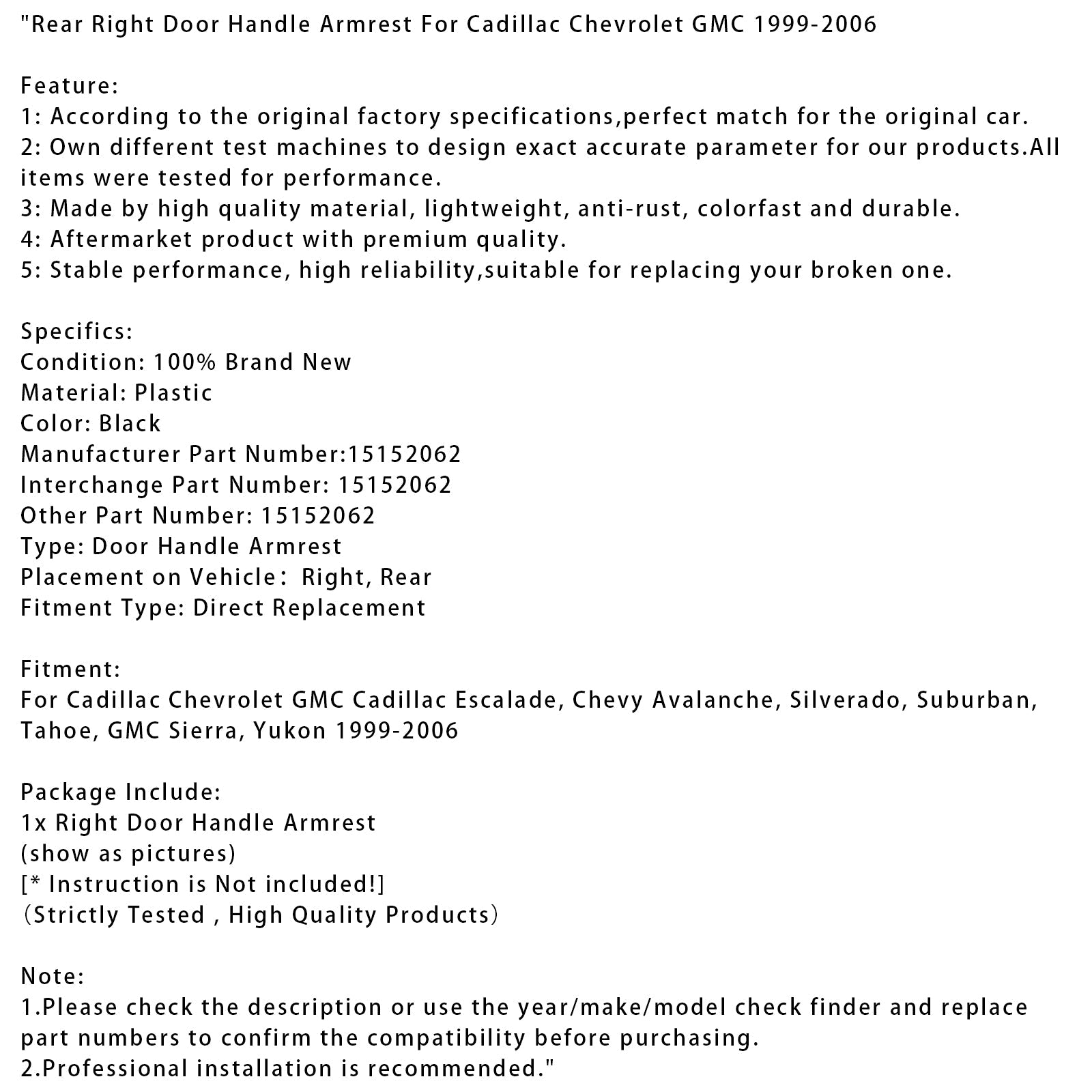 1999-2006 Cadillac Chevrolet GMC Rear Right Door Handle Armrest 15152062