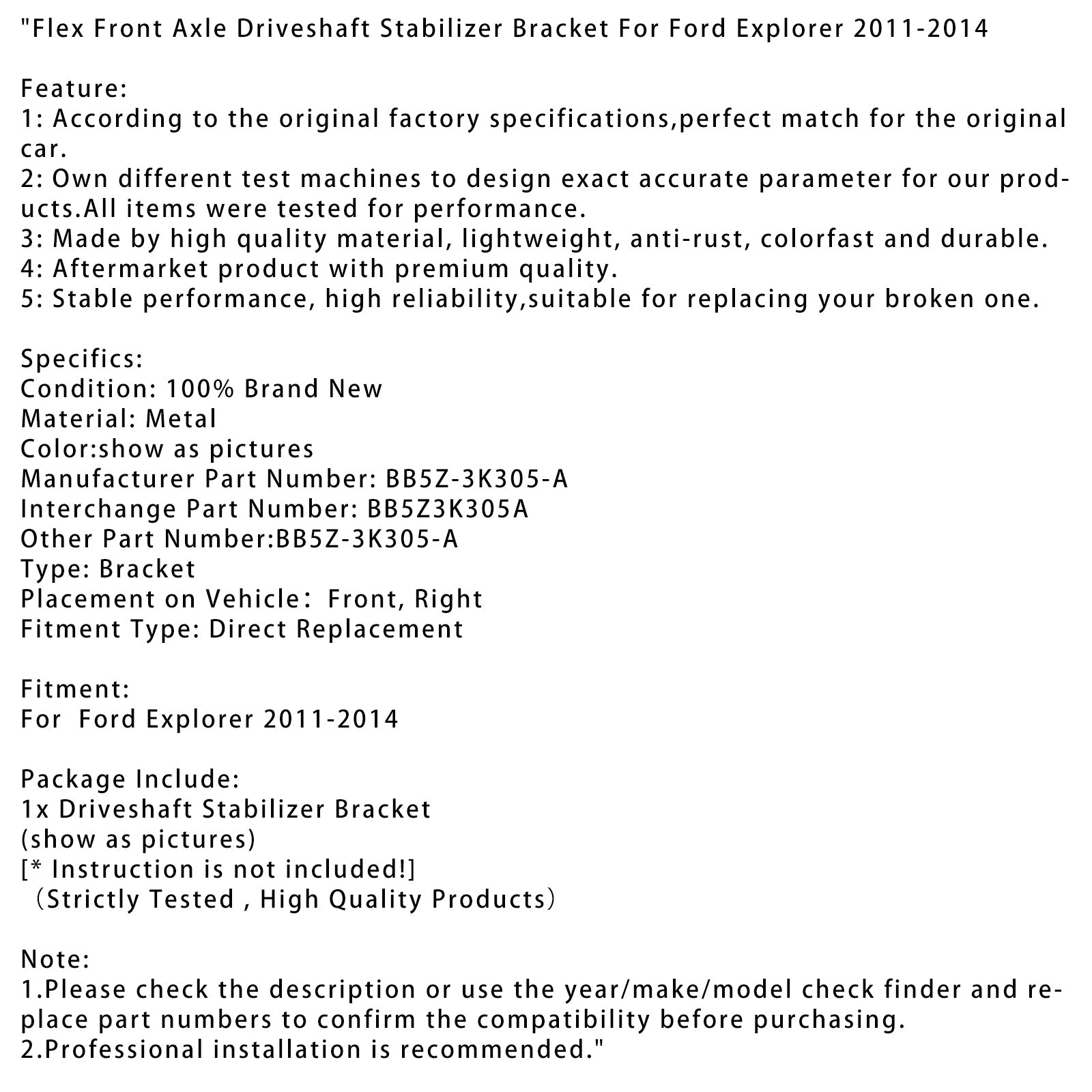 Flex Front Axle Driveshaft Stabilizer Bracket For Ford Explorer 2011-2014
