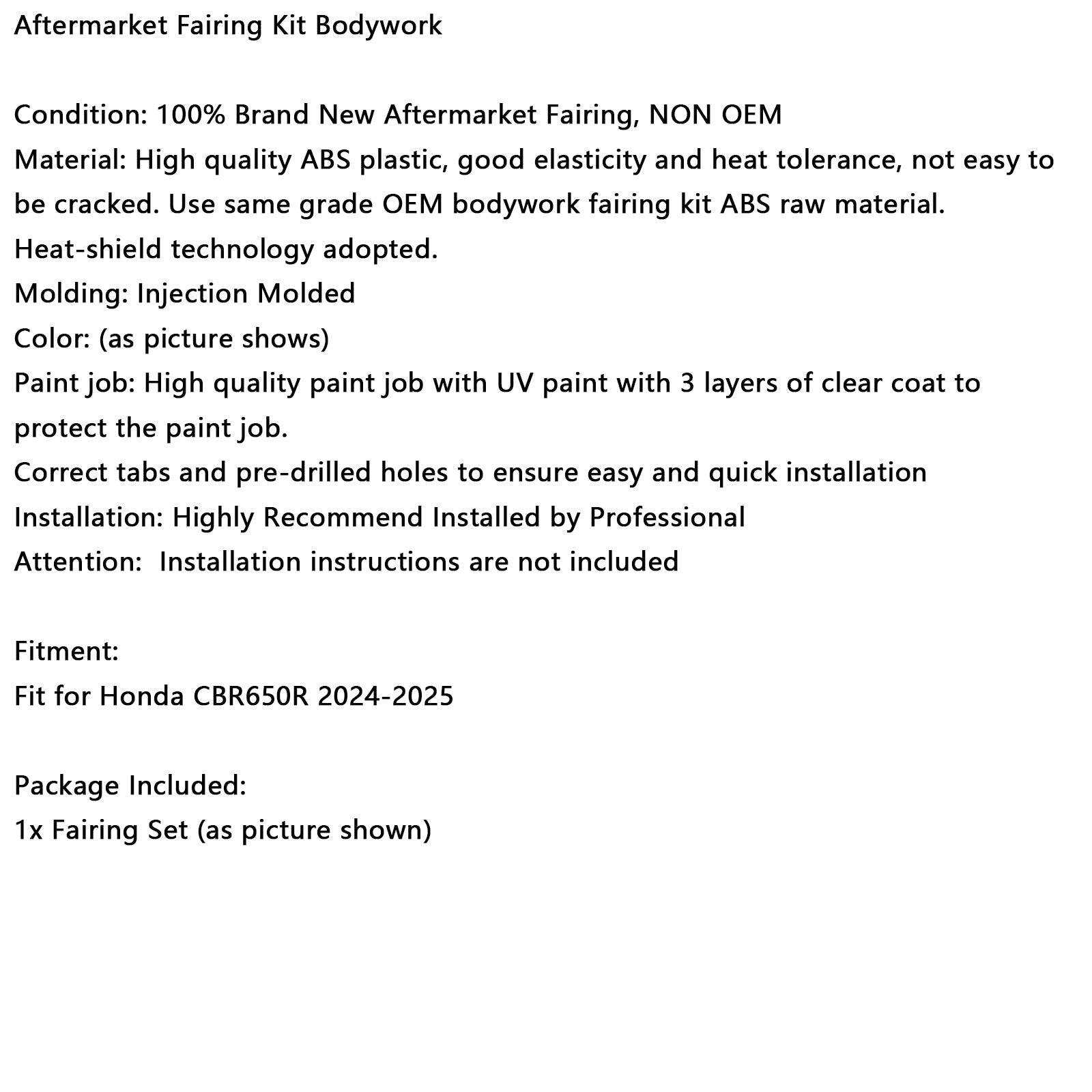 Injection ABS Plastic Bodywork Fairing Kit for Honda CBR650R 2024-2025