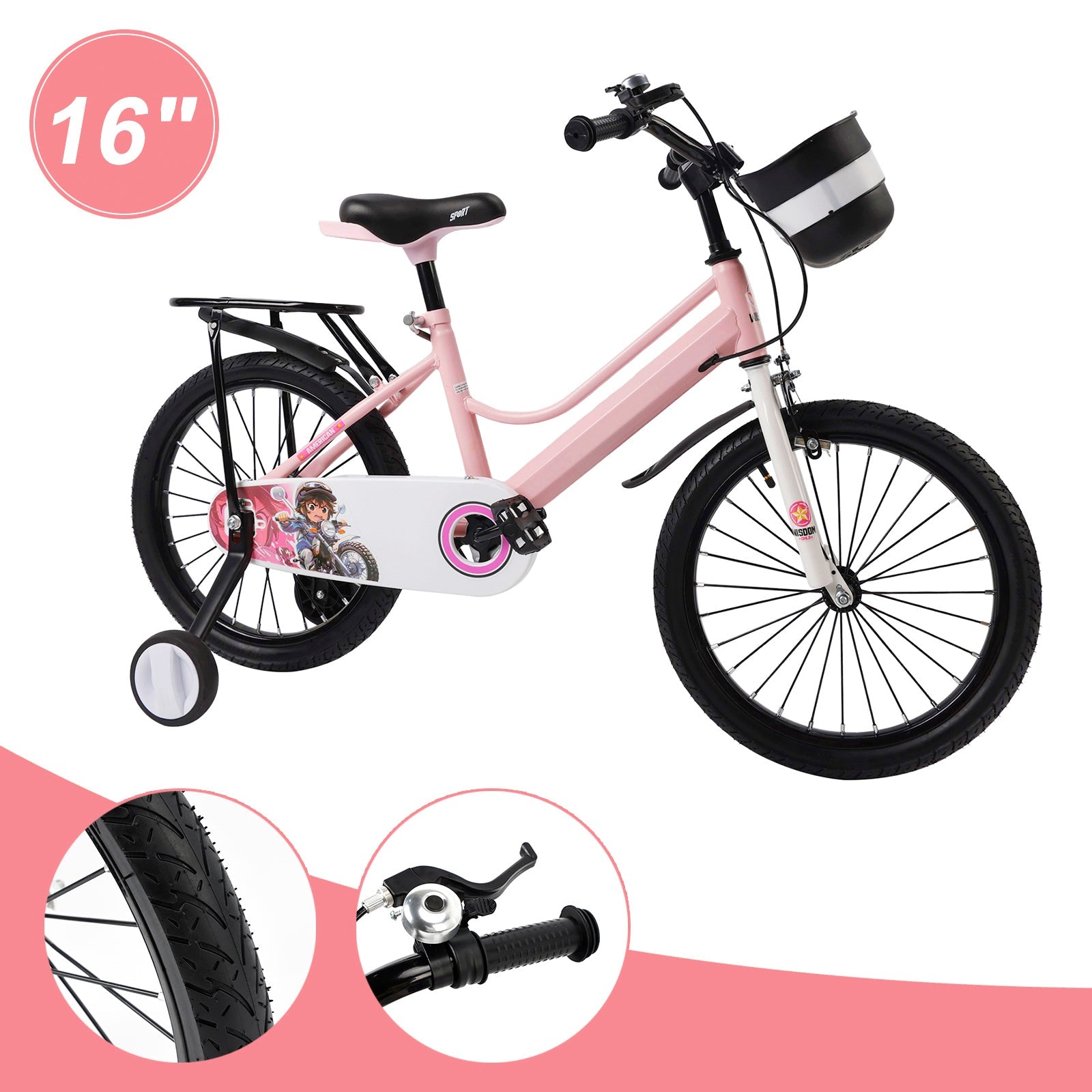 16"/18" Kids Bike for Boys and Girls with auxiliary wheels & Rack & Basket