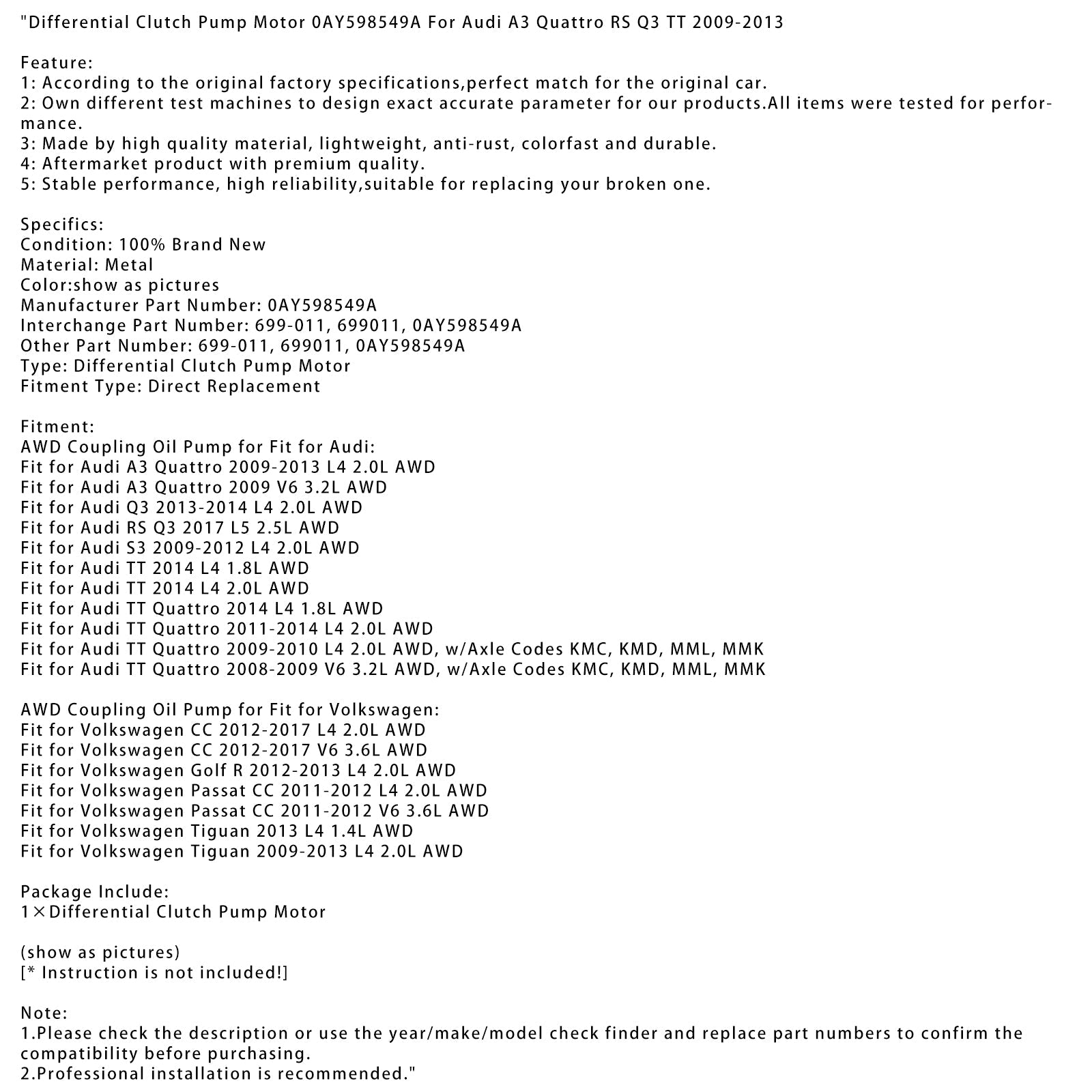 Differential Clutch Pump Motor 0AY598549A For Audi A3 Quattro RS Q3 TT 2009-2013