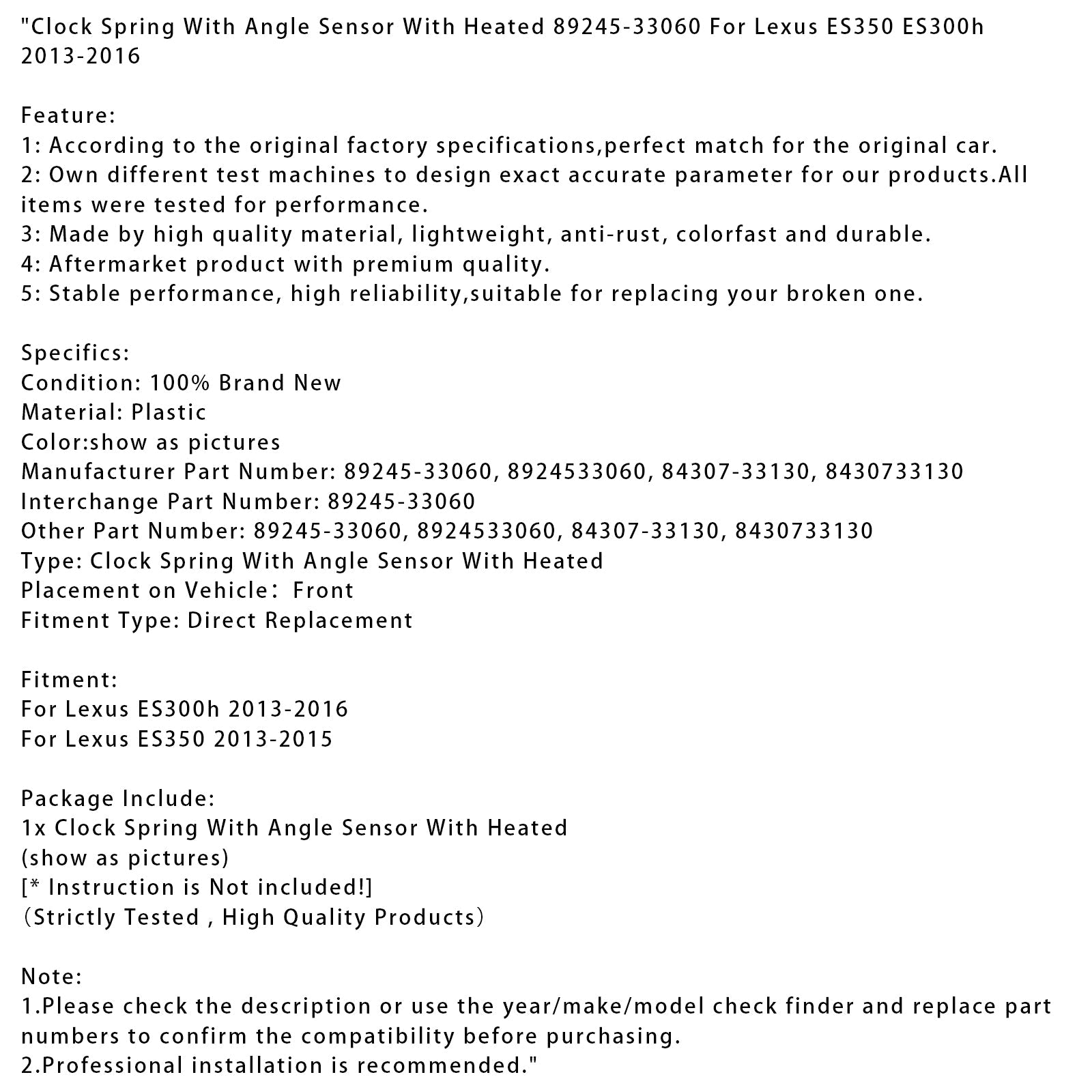 2013-2015 Lexus ES350 Clock Spring With Angle Sensor Heated 89245-33060