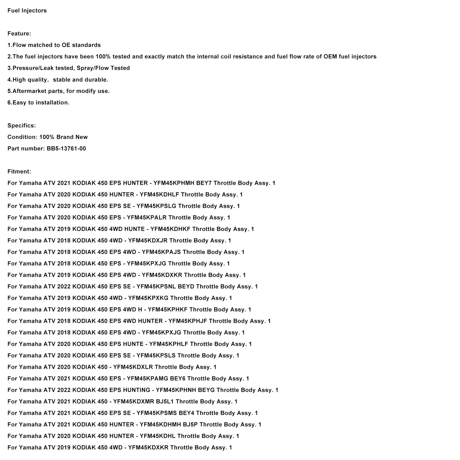 Fuel Injectors Fit for Yamaha KODIAK 450 2018-2022 BB5-13761-00
