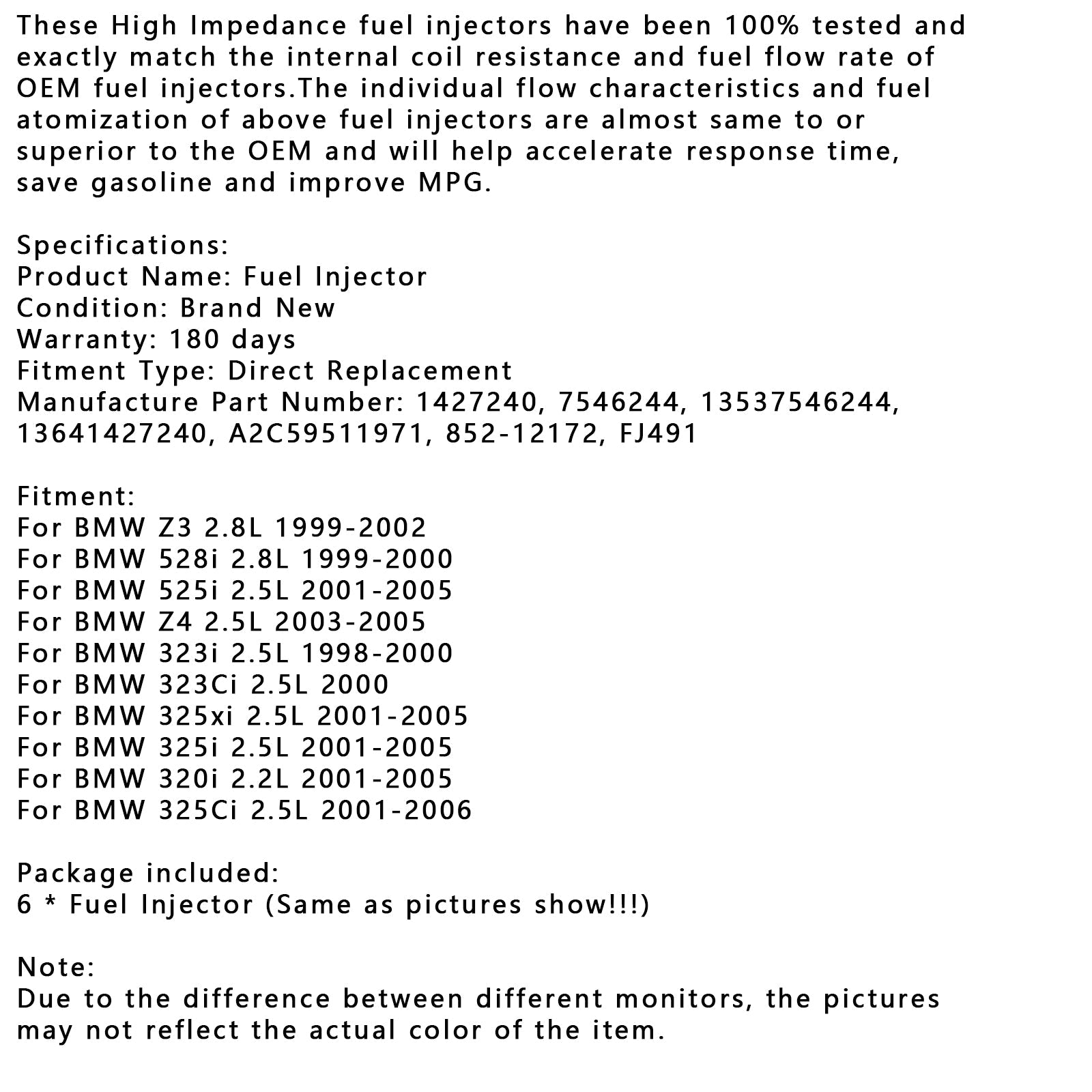 6PCS Fuel Injector 13537546244 Fit BMW 325xi 325i 320i 325Ci 525i 2001-2005