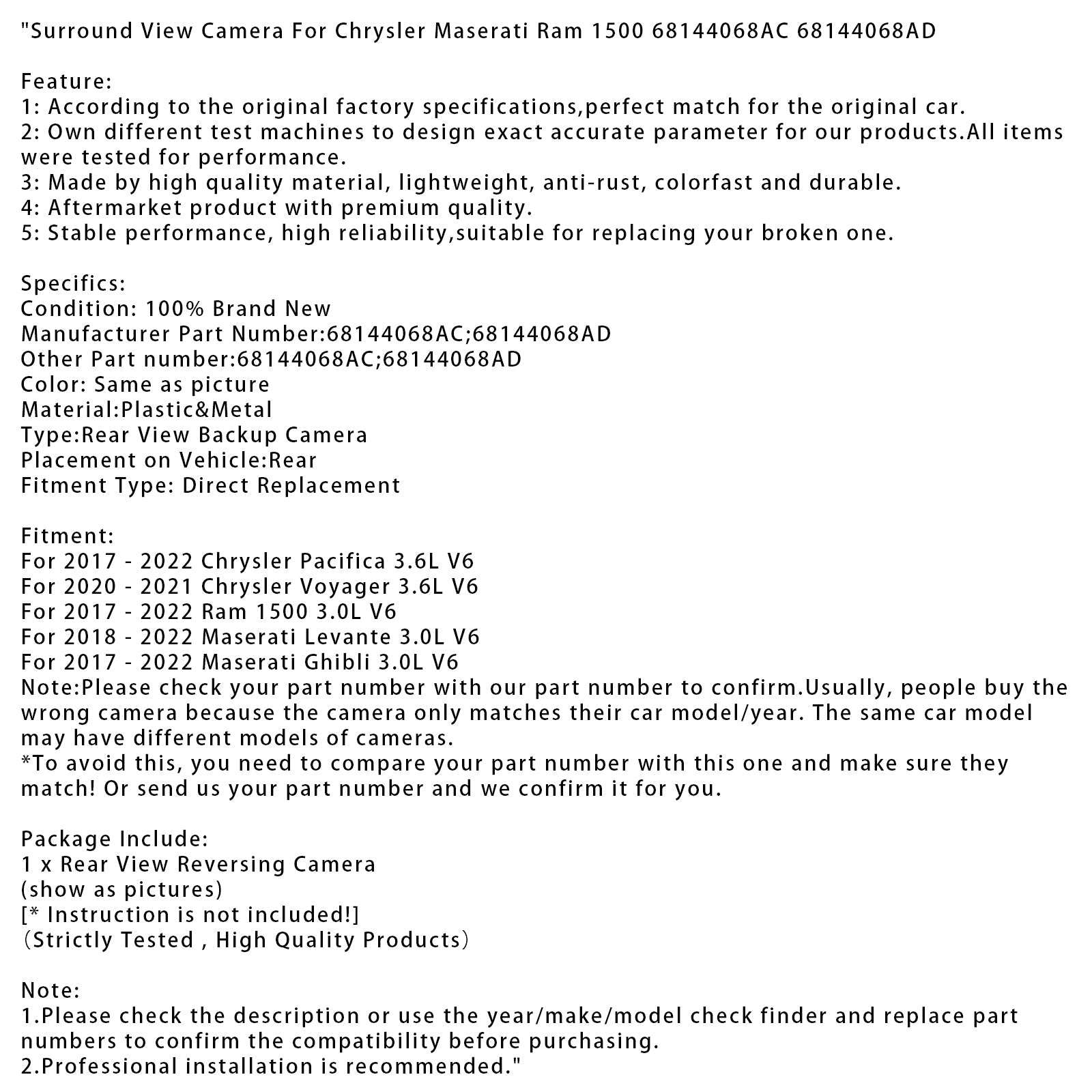 2017-2022 Maserati Ghibli 3.0L V6 Surround View Camera 68144068AC 68144068AD