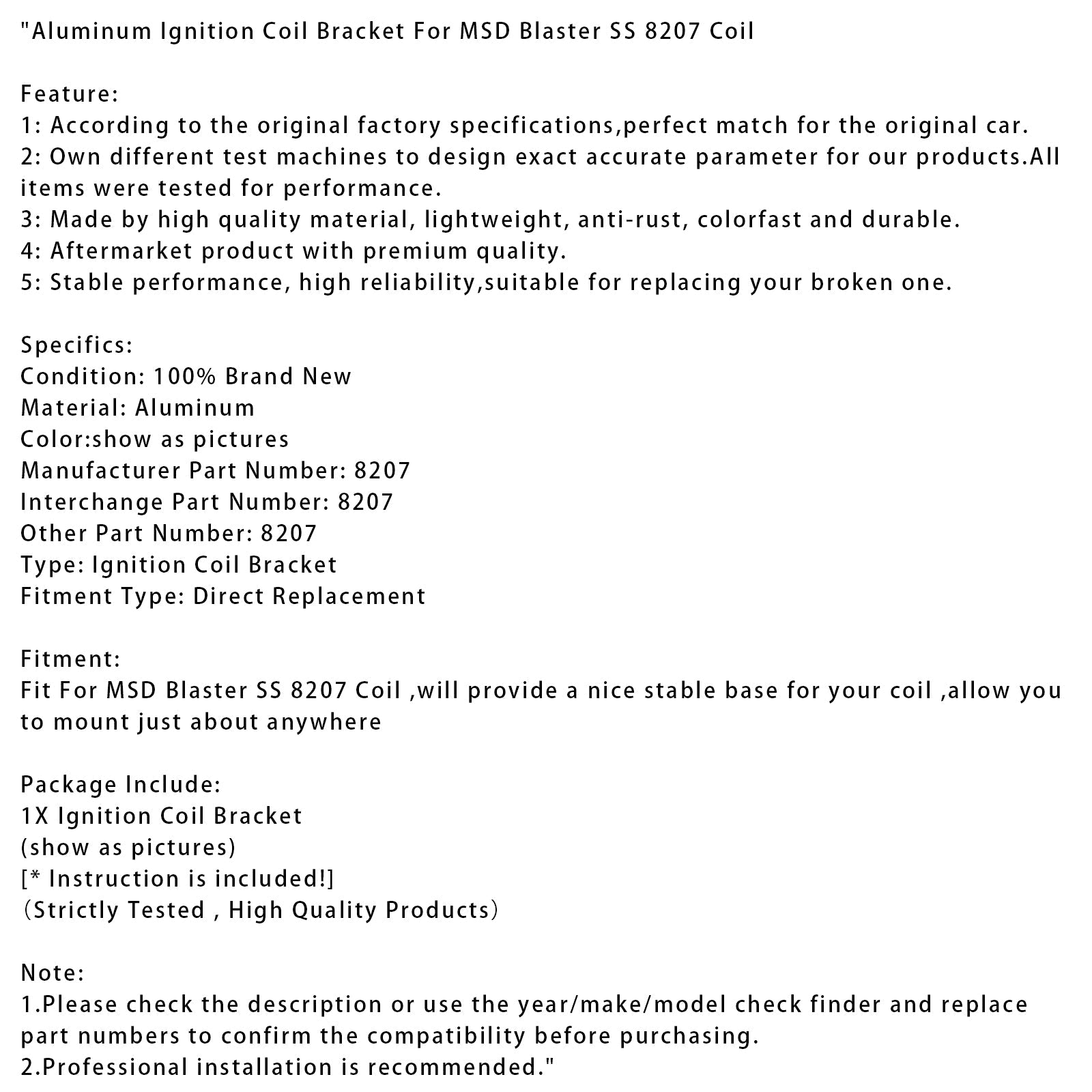 Aluminum Ignition Coil Bracket For MSD Blaster SS 8207 Coil