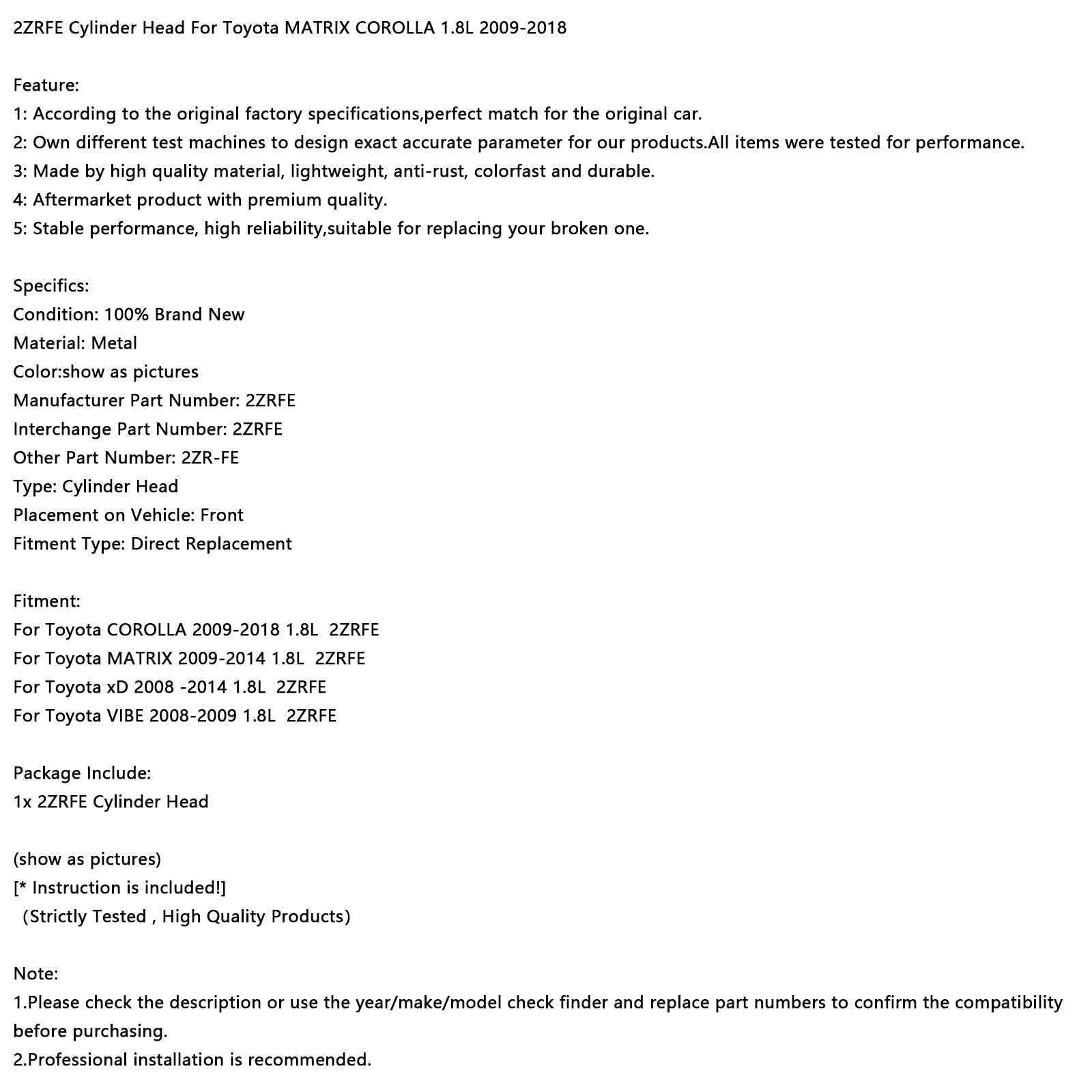 2009-2014 Toyota MATRIX 1.8L Cylinder Head 2ZRFE