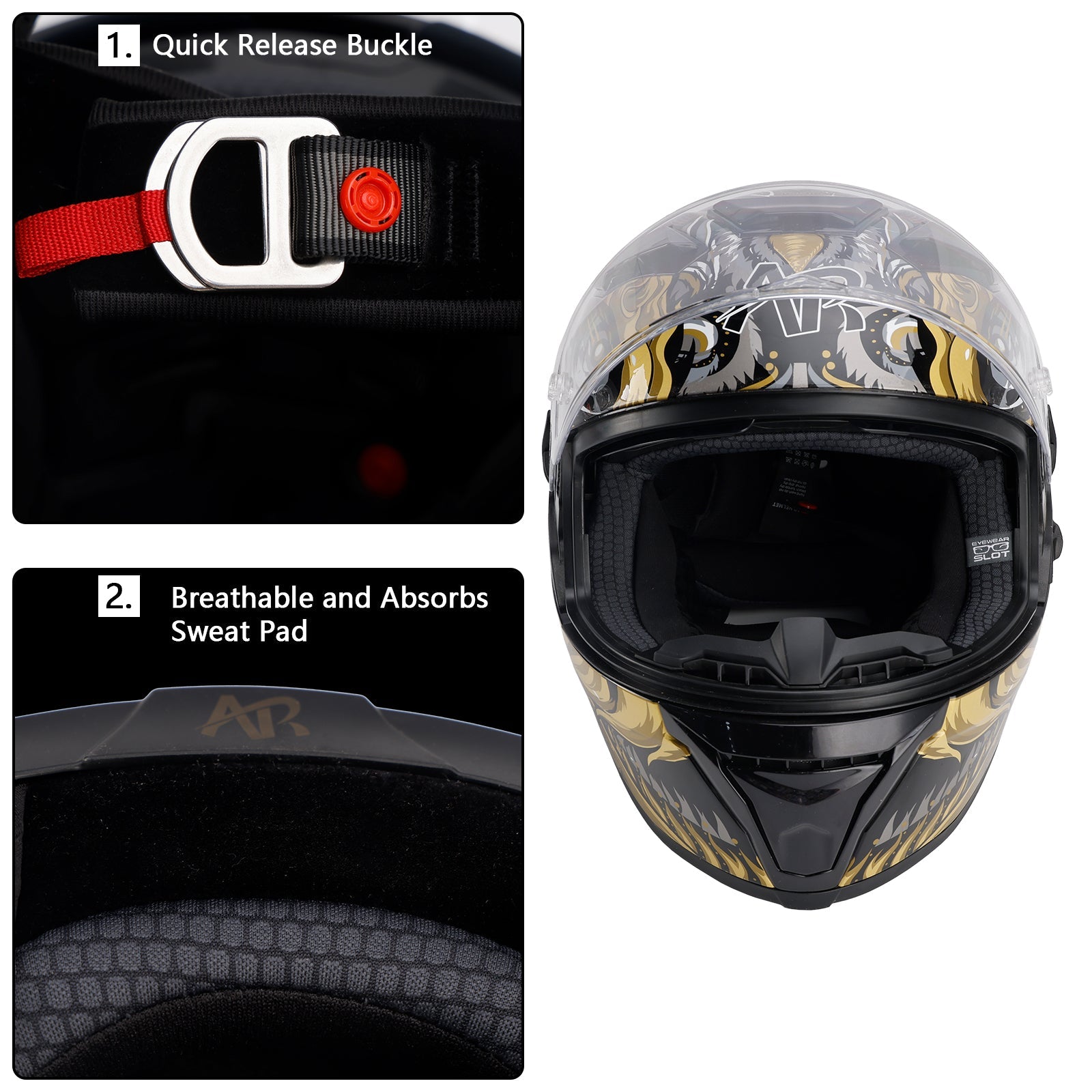 DOT Motorcycle Helmet Adult Street Full Face Black gold