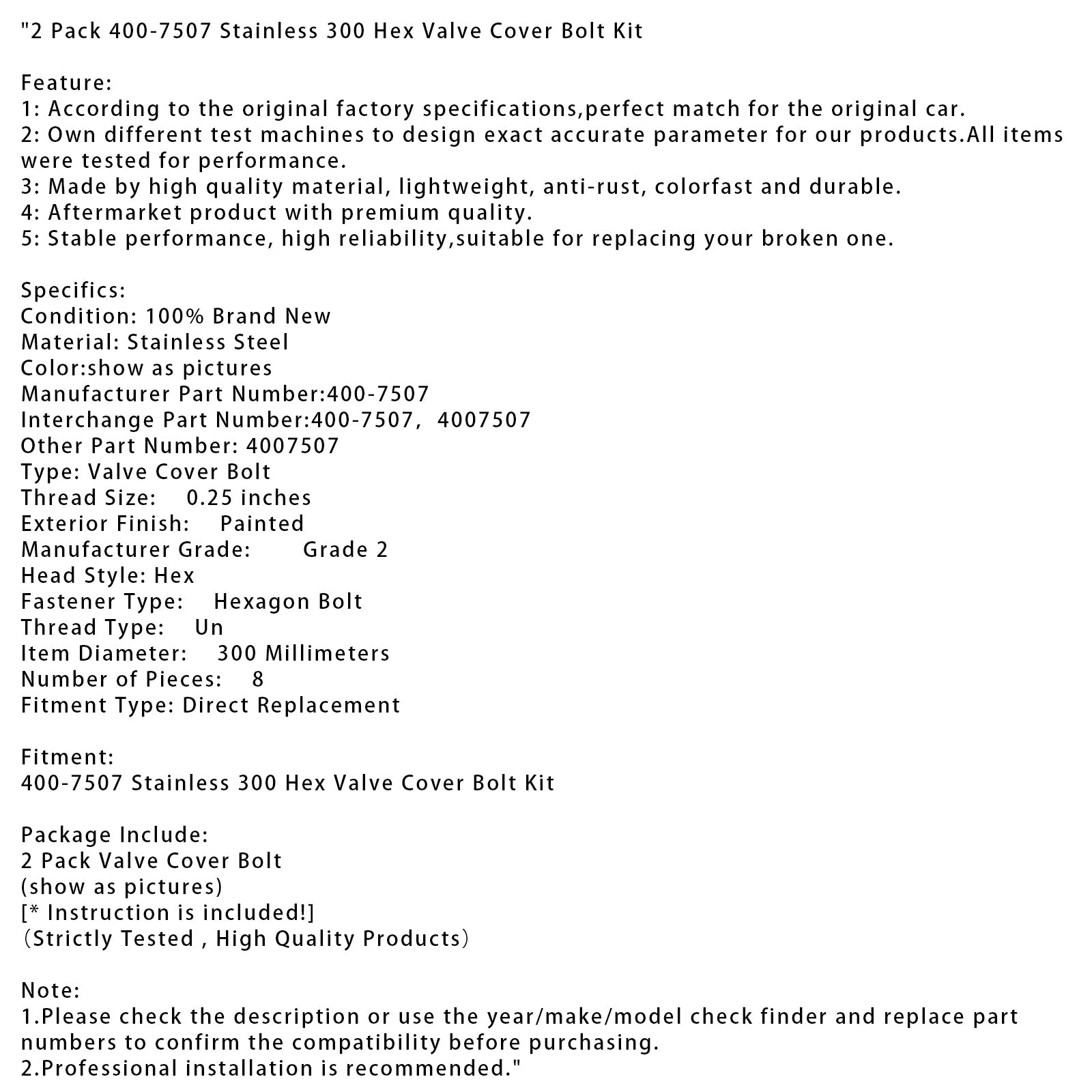 2 Pack 400-7507 Stainless 300 Hex Valve Cover Bolt Kit