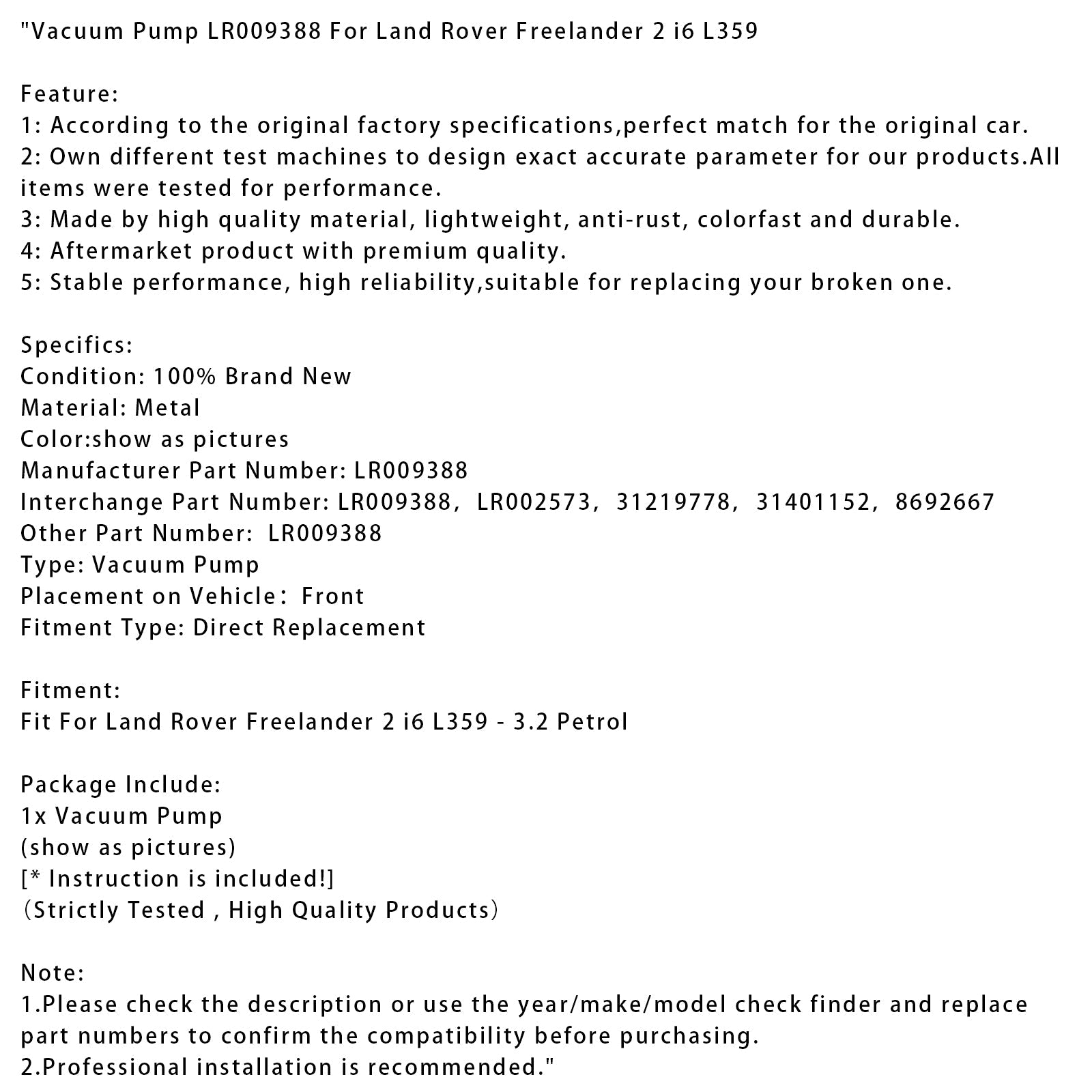 Land Rover Freelander 2 i6 L359 Vacuum Pump LR009388 LR00257 331219778 Generic