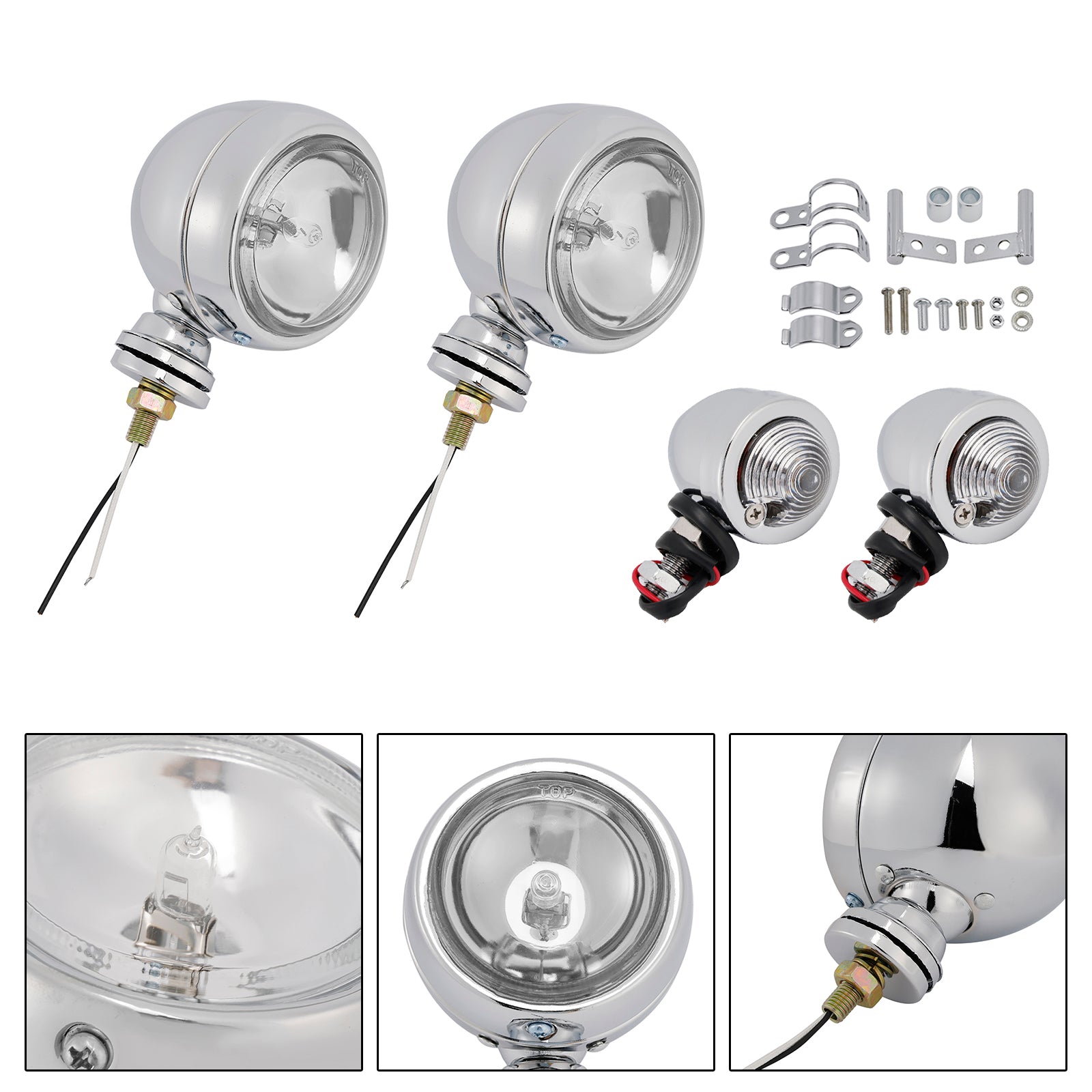 Motorcycle Beam Headlight Fog Lamp Custom Chrome #D19 For Racer Bobber Chopper