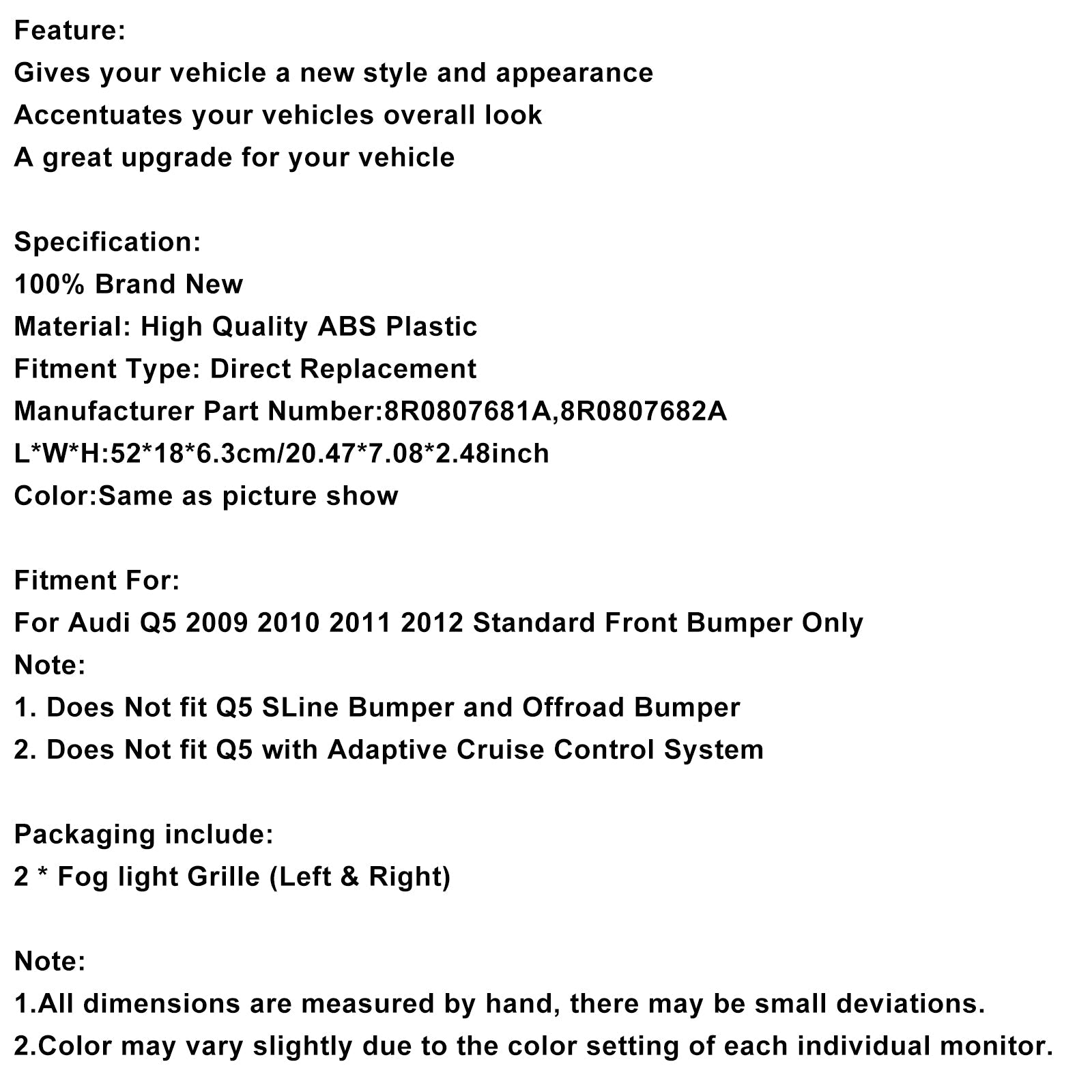 2009-2012 Audi Q5 2PCS Front Bumper Grill Fog Light Lamp Covers