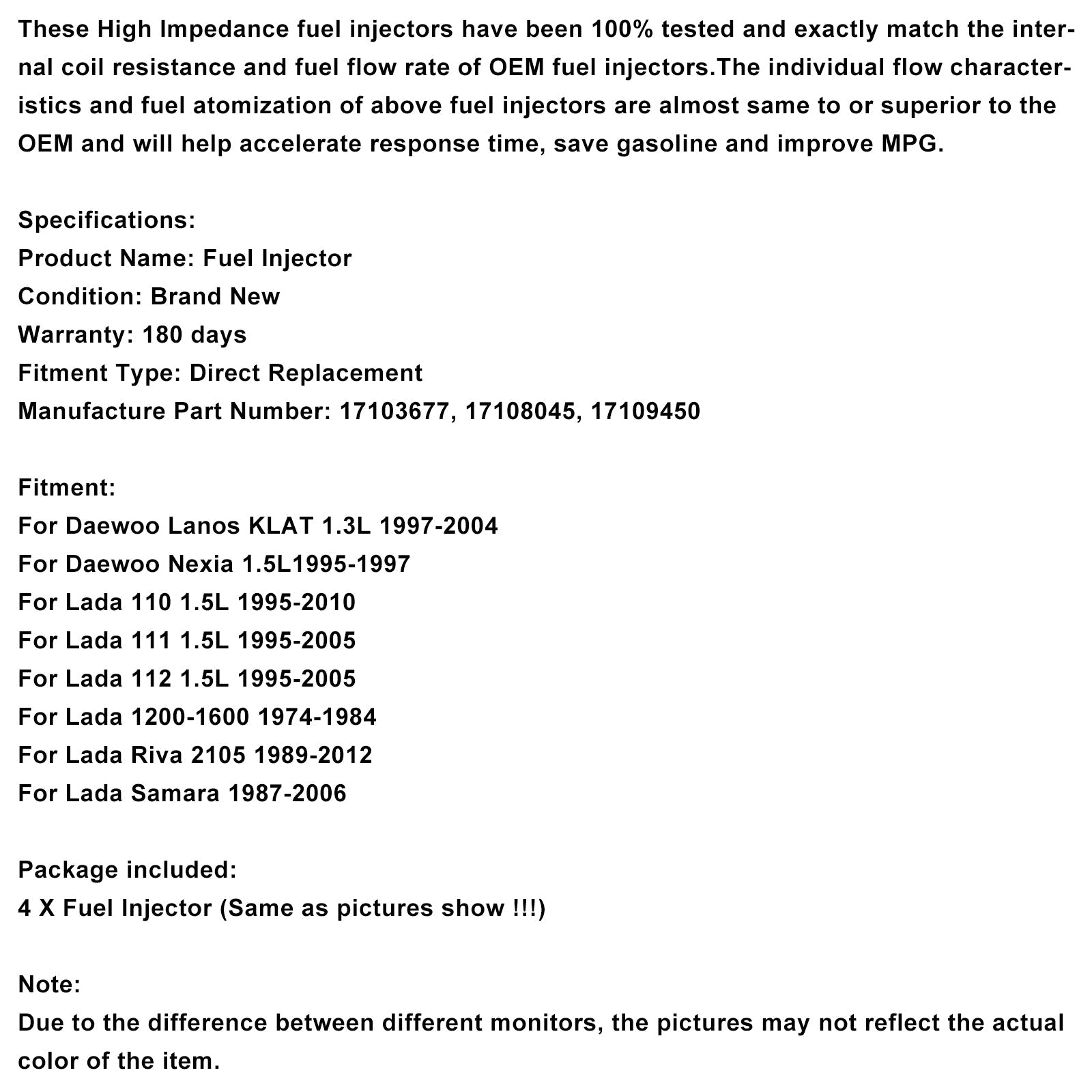 4PCS Fuel Injector 17109450 Fit Daewoo Lanos 1997-2004 Fit Nexia 1995-1997