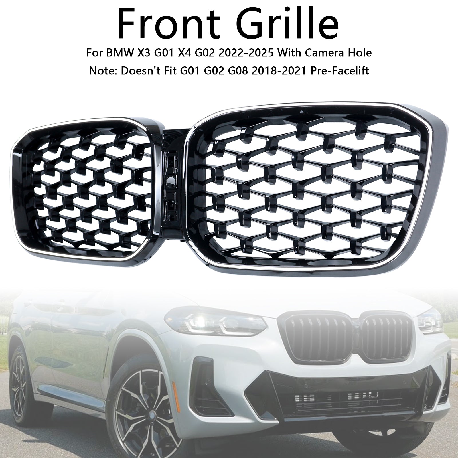 Diamond Glossy Black Front Bumper Kidney Grille Fit BMW X3 G01 X4 G02 2022-2025