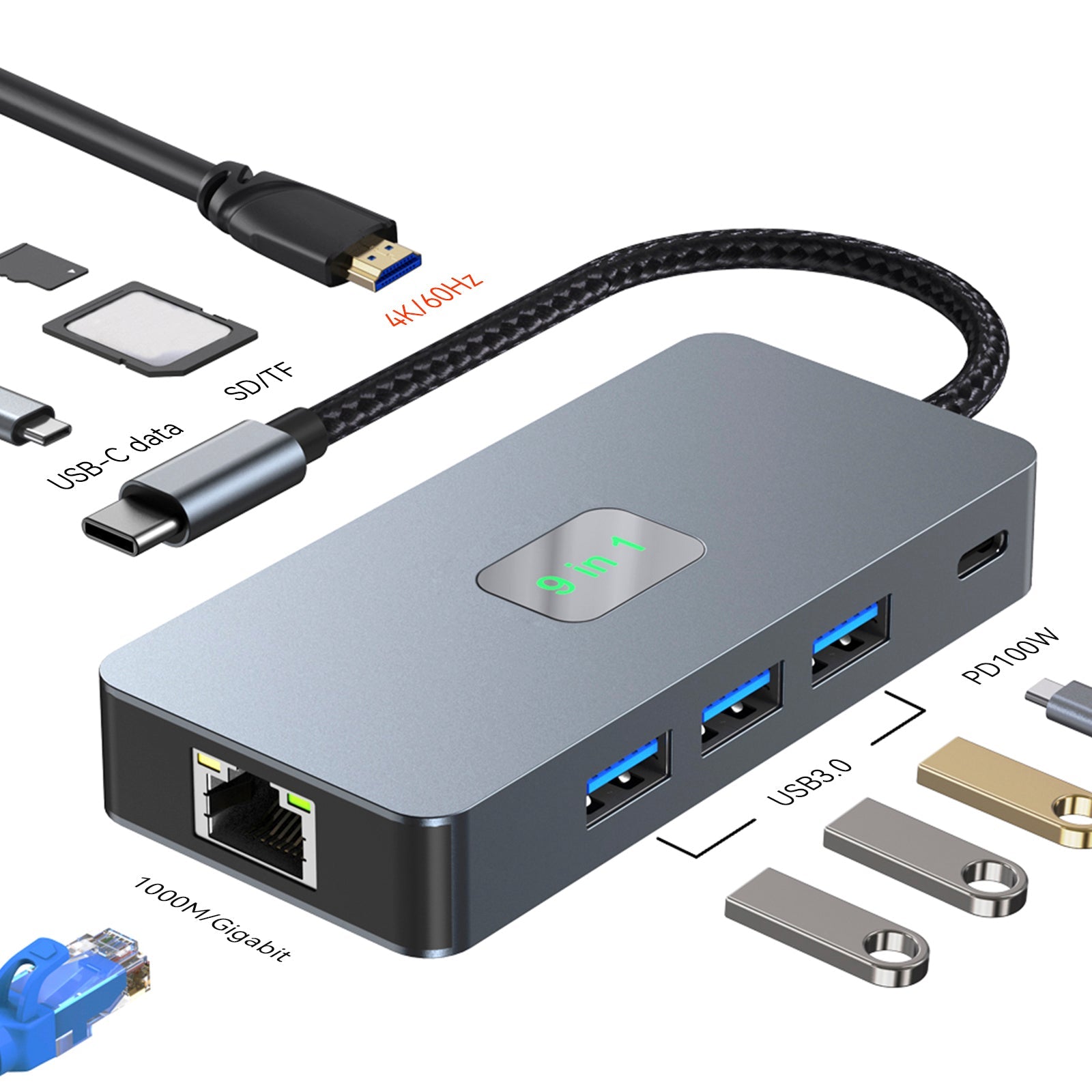 9 in 1 TYPE-C to RJ45(Gigabit)+USB3.0*3+HDMI+USB-CS Data+PD100W+SD/TF iPad Pro