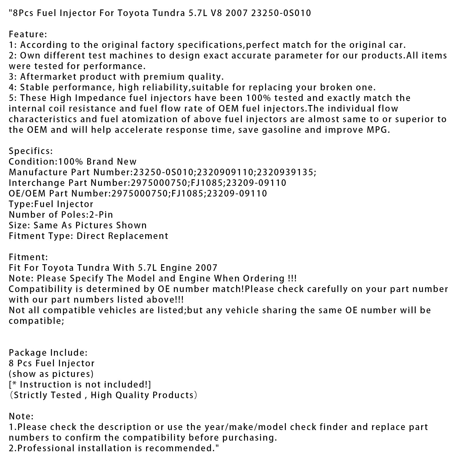 2007 Toyota Tundra 5.7L V8 8Pcs Fuel Injector 23250-0S010