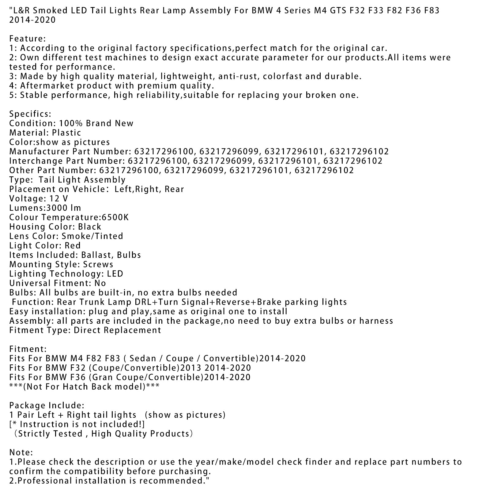 2013 2014-2020 BMW F32 (Coupe/Convertible)L&R Smoked LED Tail Lights Rear Lamp Assembly 63217296100 63217296099