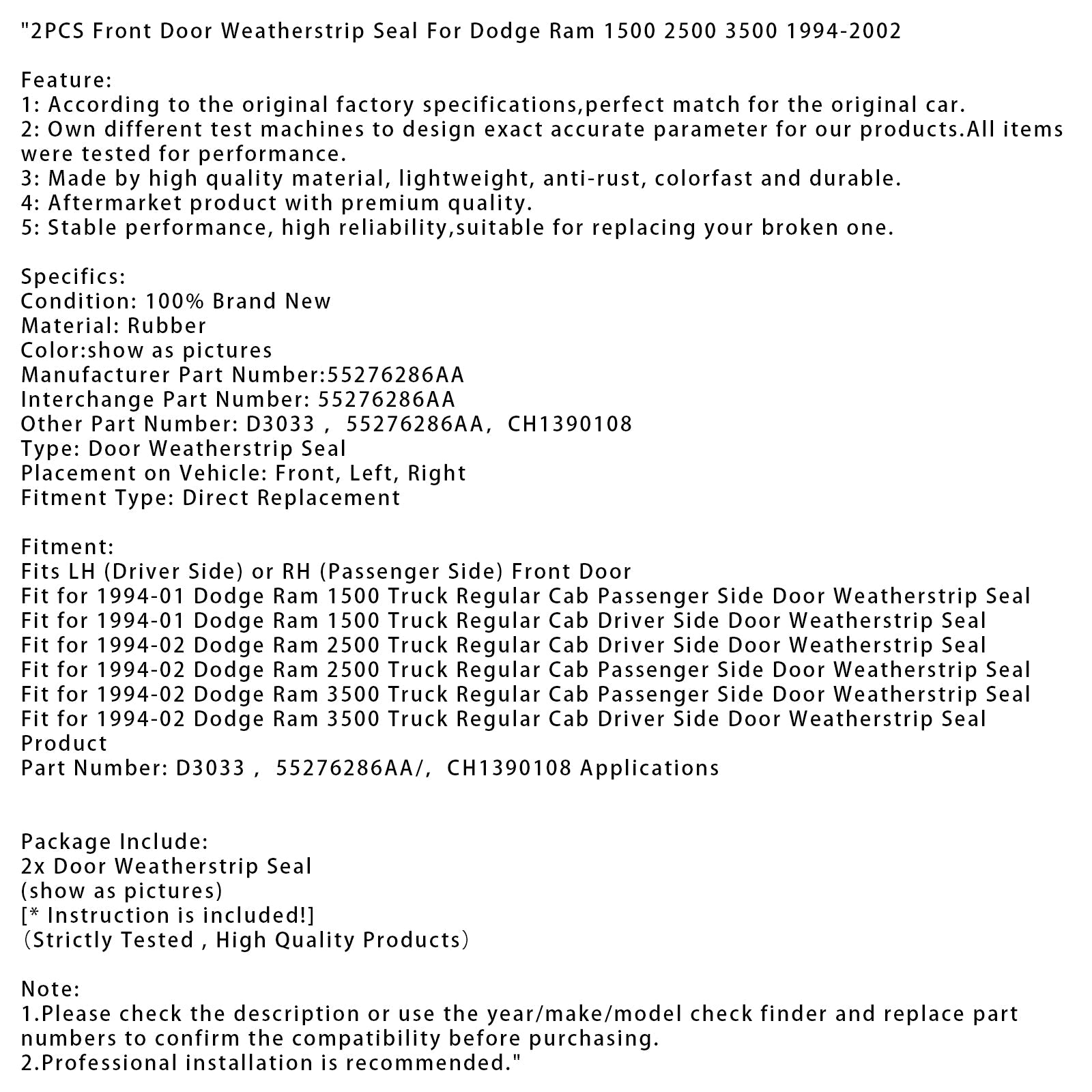 2PCS Front Door Weatherstrip Seal For Dodge Ram 1500 2500 3500 1994-2002