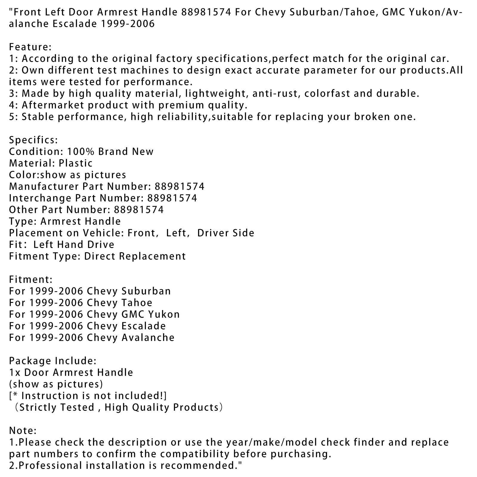 Front Left Door Armrest Handle 88981574 For Chevy Suburban Tahoe Avalanche 99-06