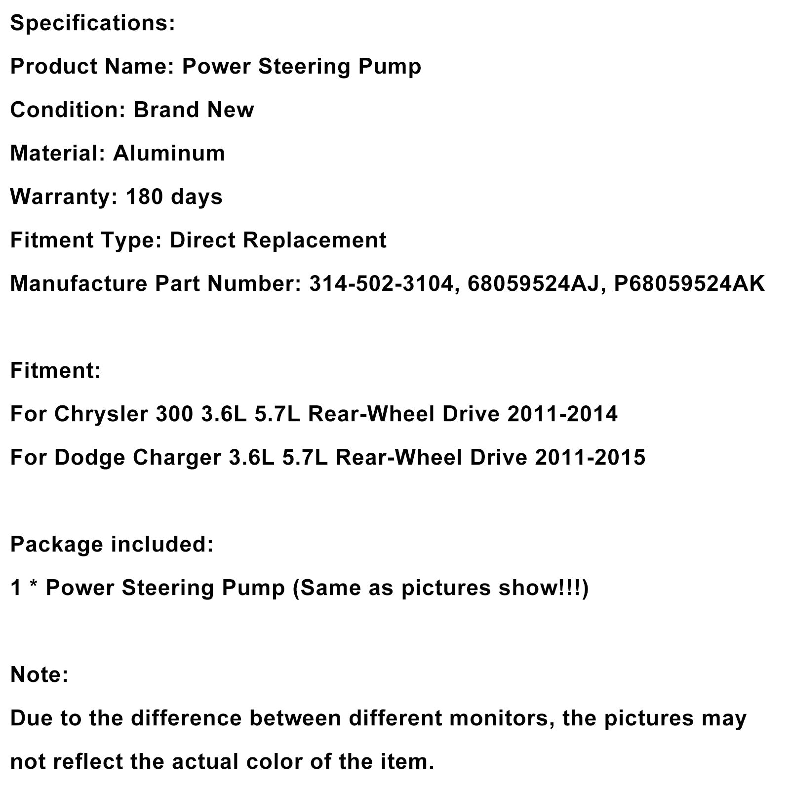 2011-2015 Charger 300 RWD Electric Hydraulic Power Steering Assist Motor Pump