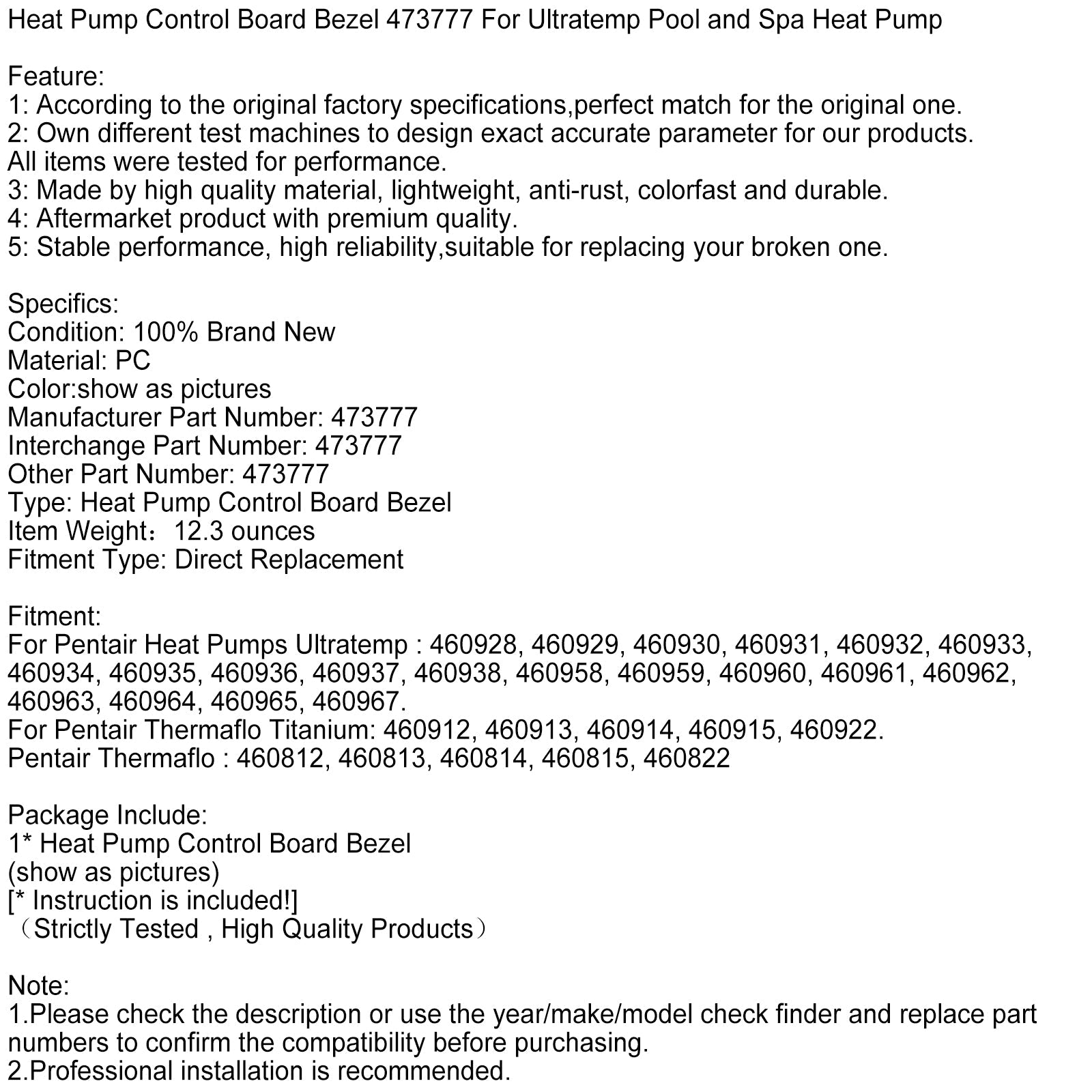 Heat Pump Control Board Bezel 473777 For Ultratemp Pool and Spa Heat Pump