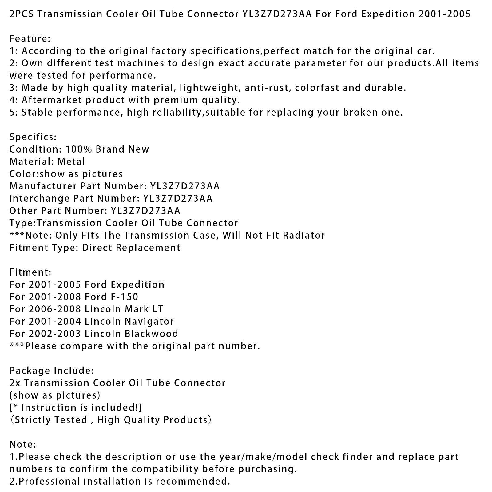 2PCS Transmission Cooler Oil Tube Connector YL3Z7D273AA For Ford Expedition