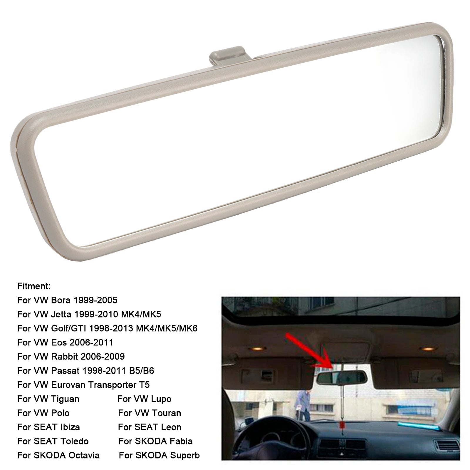 Grey Rear View Interior Mirror Glass 3B0857511H For VW Golf MK4 Jetta Passat