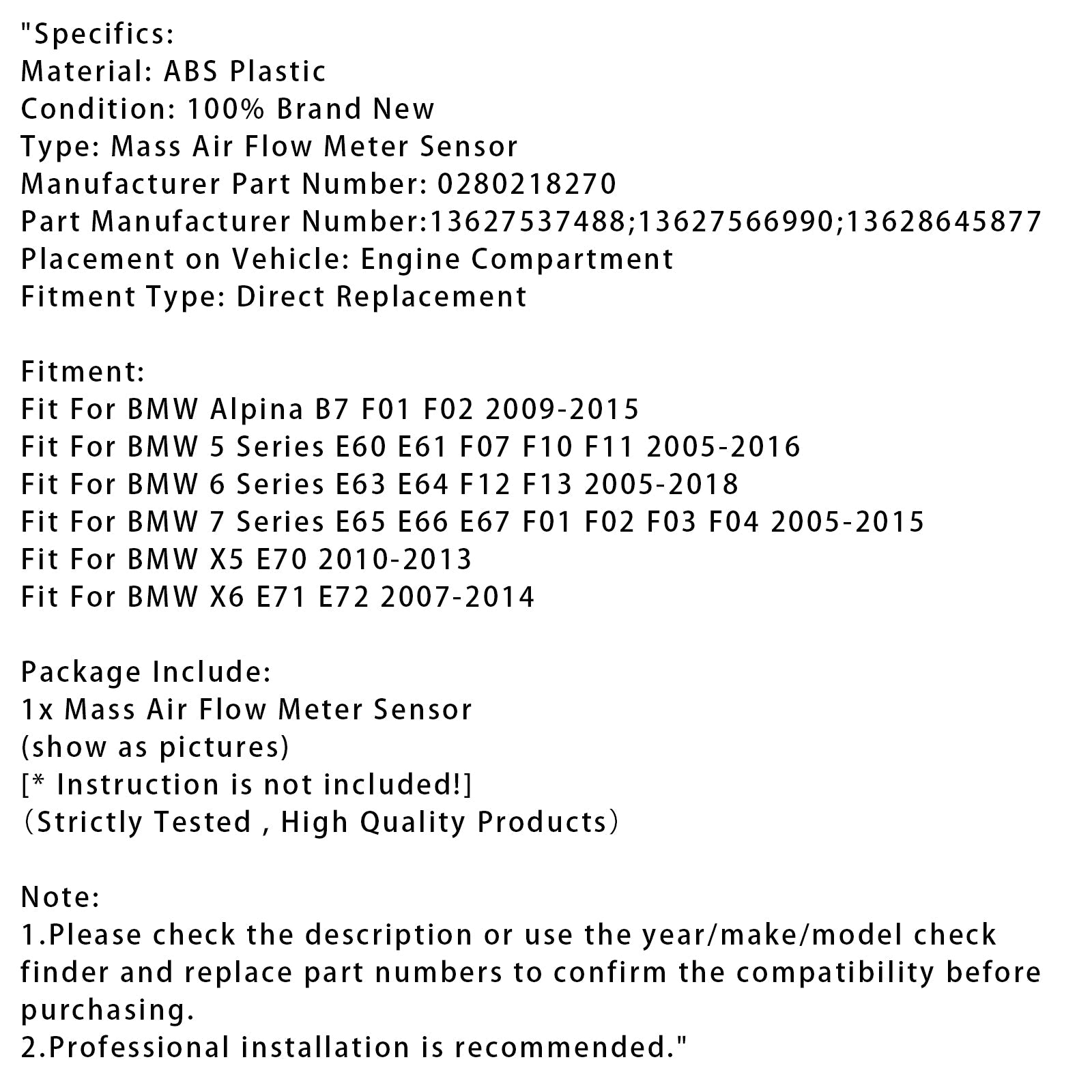 Mass Air Flow Meter Sensor For BMW F10 F11 F01 E60 E61 550i X5 4.4L 0280218270
