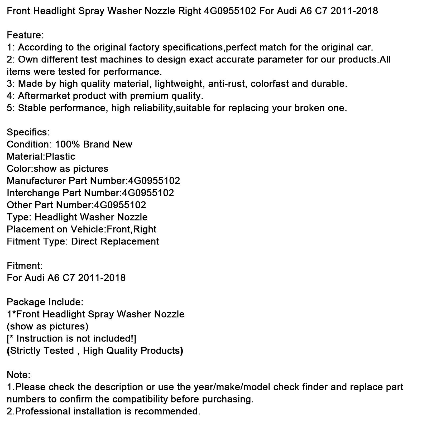 2011-2018 Audi A6 C7 Front Headlight Spray Washer Nozzle Right 4G0955102