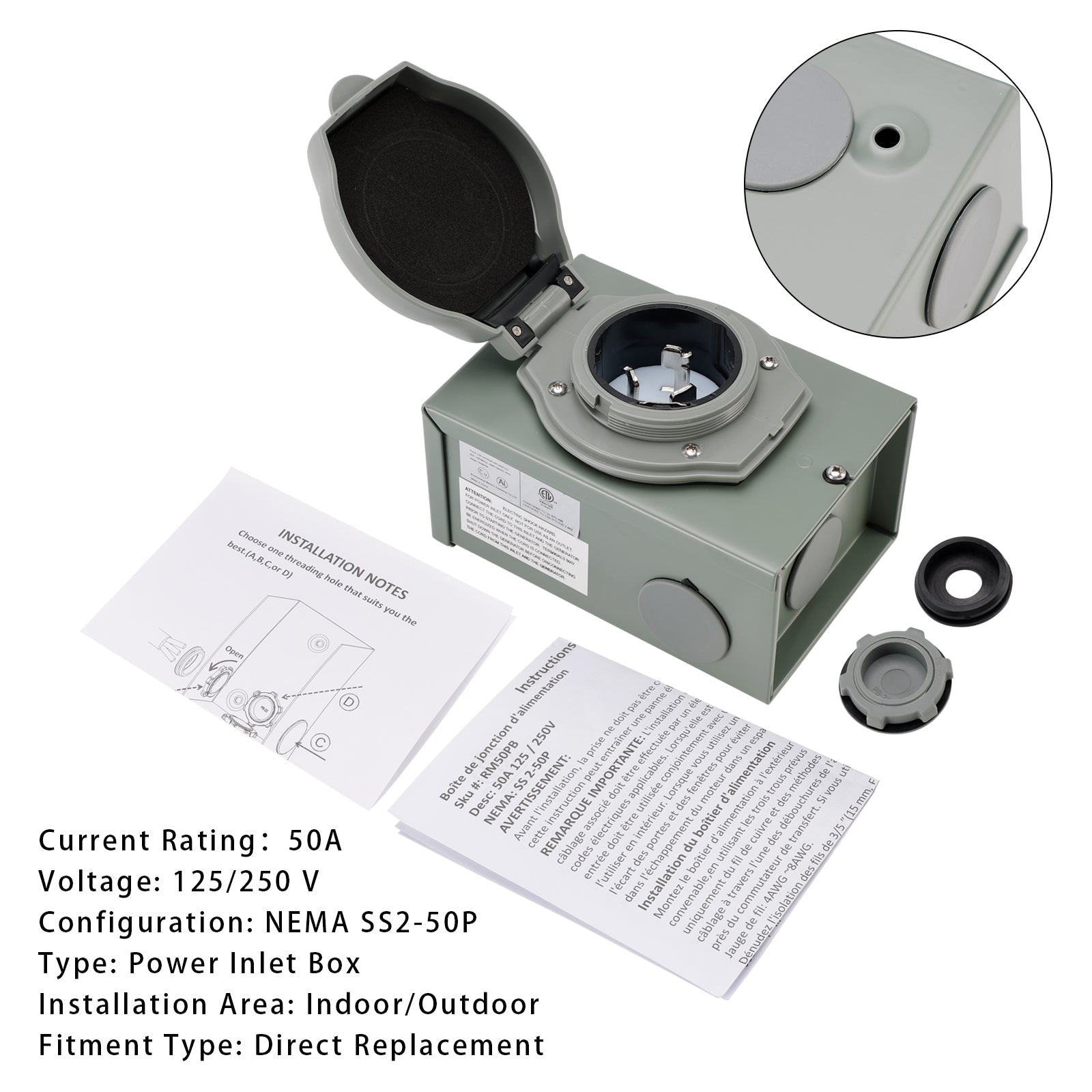 50Amp RV Generator Inlet Box NEMA SS2-50P Power Inlet Box 125/250V