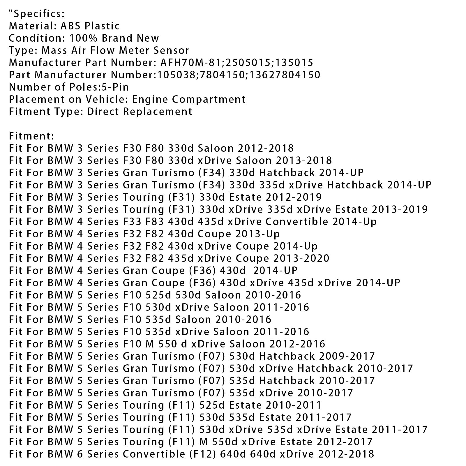 Mass Air Flow Meter Sensor For BMW 330d 525d 530d X3 X4 13627804150