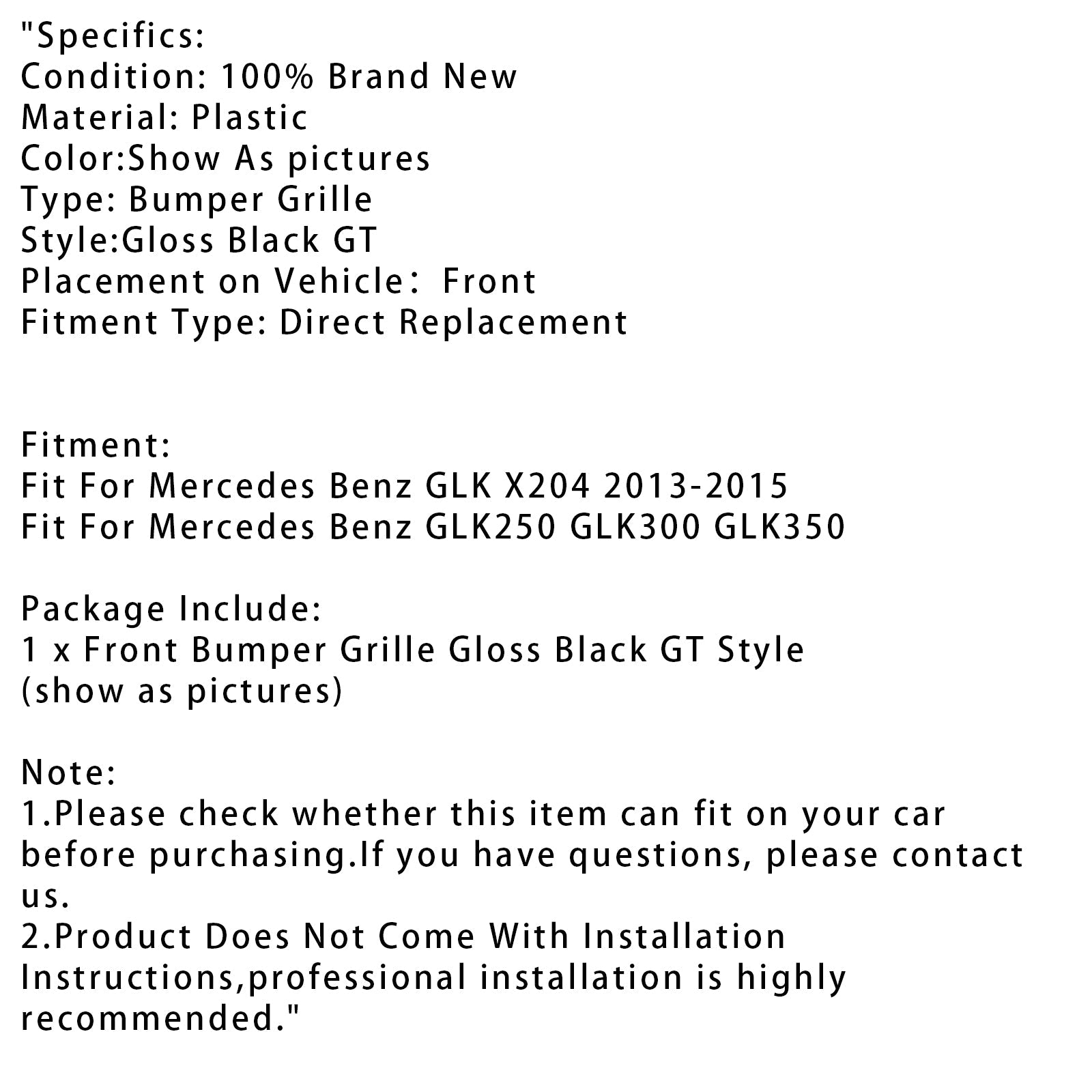 2013-2015 Mercedes Benz GLK X204 GT Gloss Black Front Grille Grill