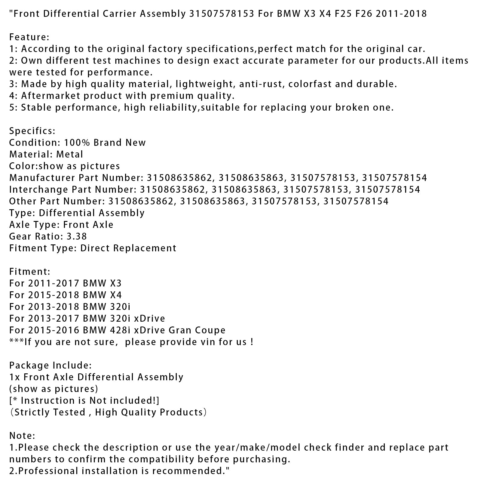 2013-2018 BMW 320i Front Differential Carrier Assembly 31507578153 31508635863