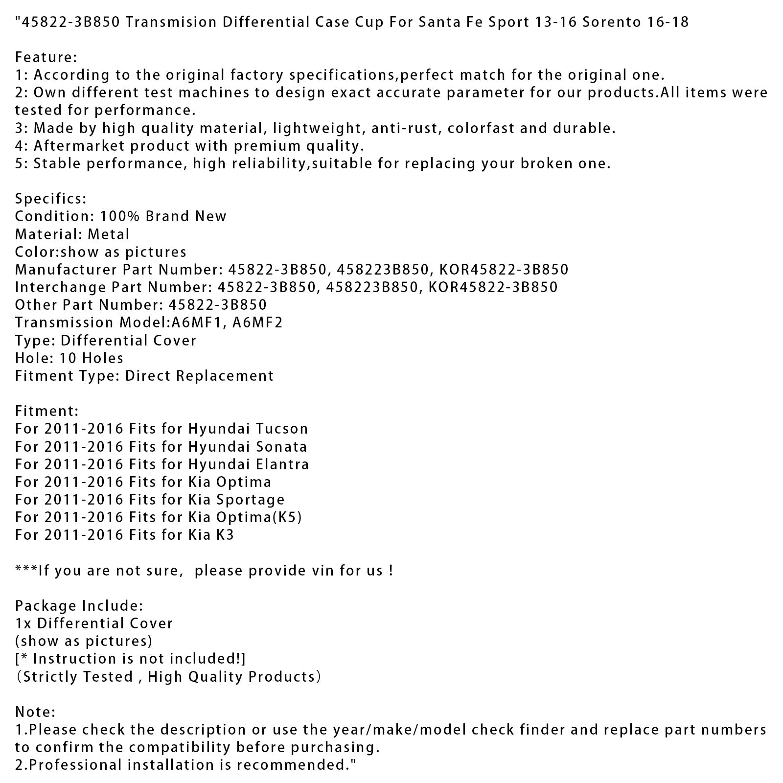 2011-2016 Kia Optima(K5) Transmision Differential Case Cup 45822-3B850