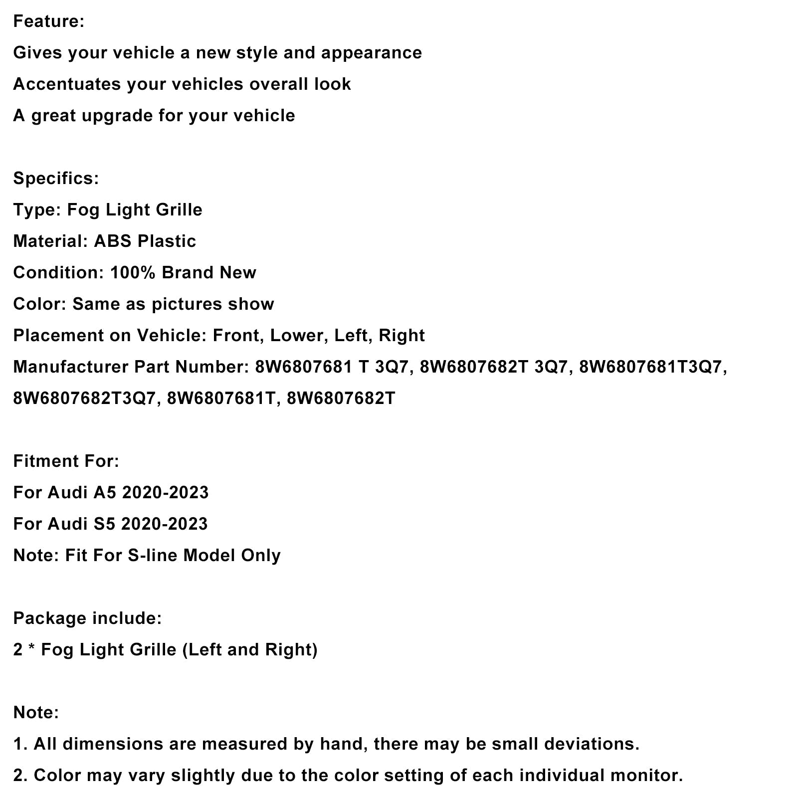 2020-2023 Audi A5 S-line S5 2PCS Front Bumper Fog Light Cover Grille 8W6807682T3Q7