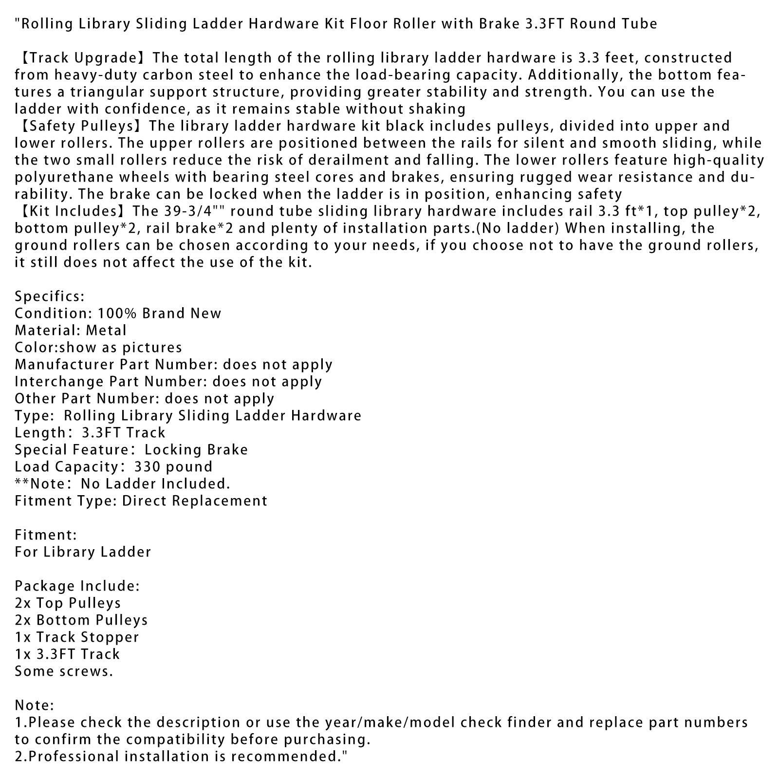 Rolling Library Sliding Ladder Hardware Kit with Brake 3.3FT Round Tube