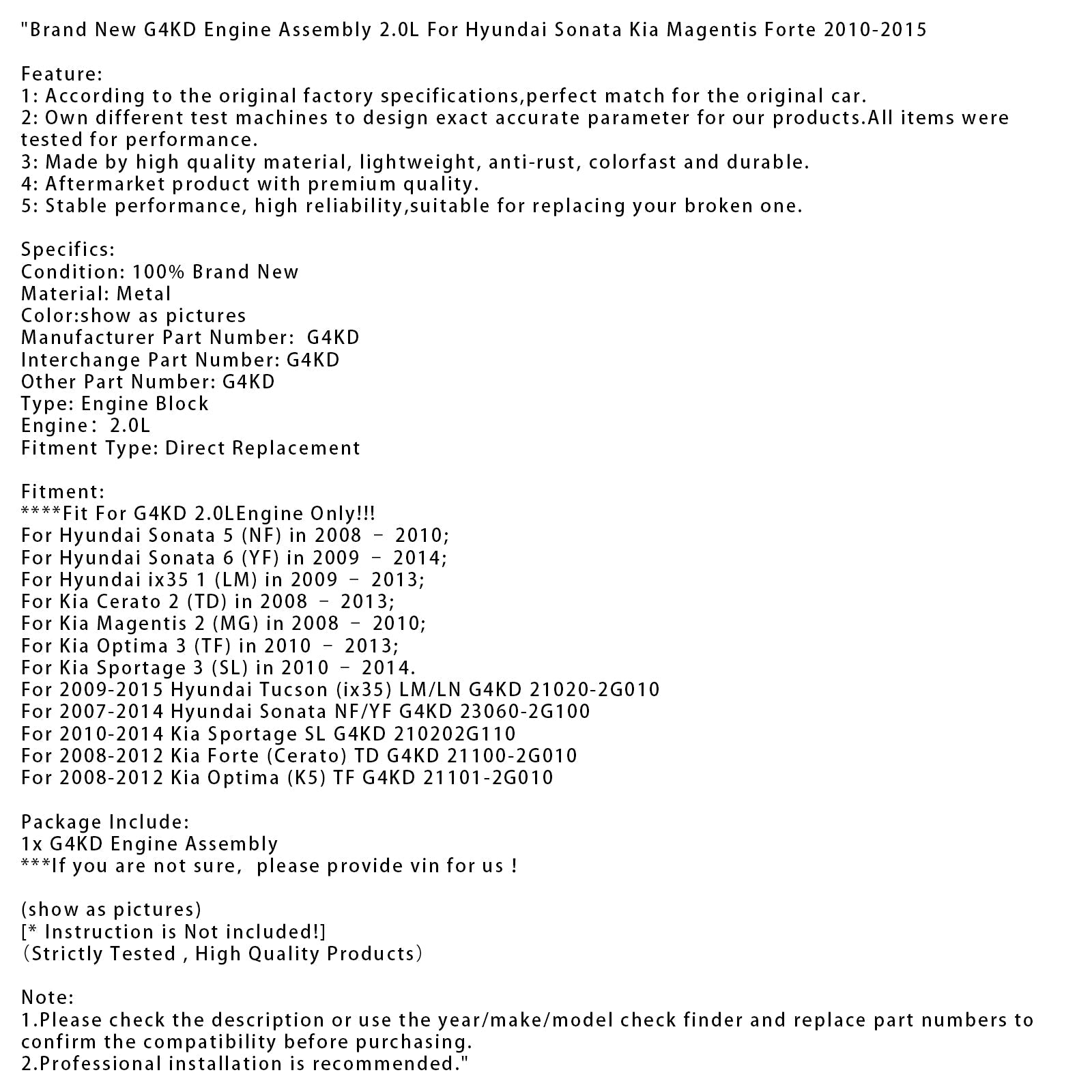 Brand New G4KD Engine Assembly 2.0L For Hyundai Sonata Kia Magentis Forte 10-15