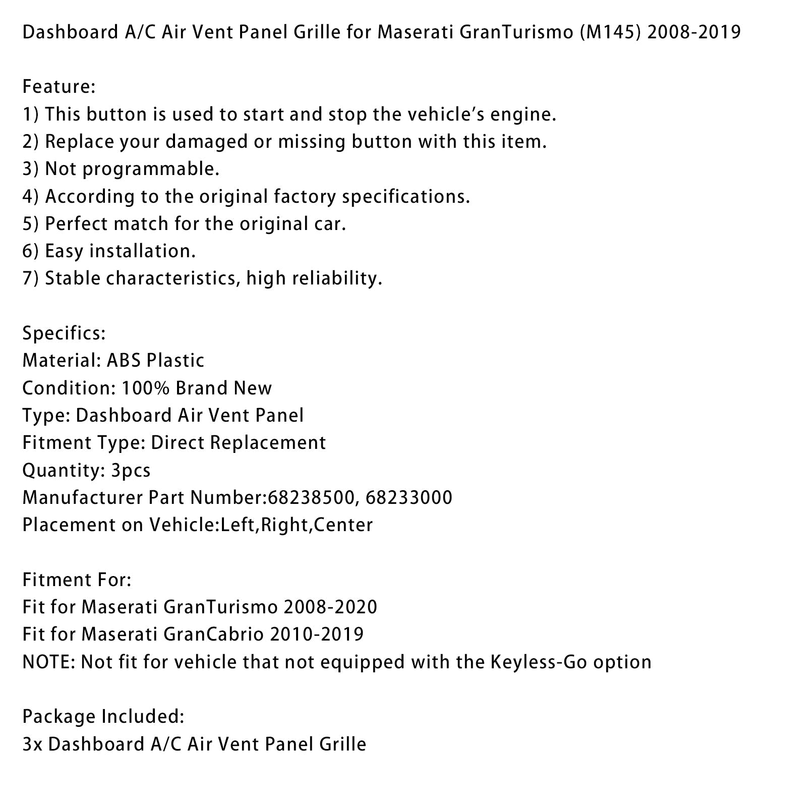 2008-2020 Maserati GranTurismo Dashboard A/C Air Vent Panel Grille 68238500 68233000
