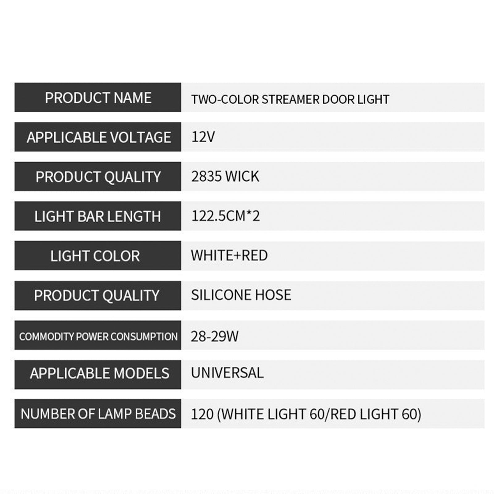 Car Door Decoration Light Strips Warning Flashing Red White Lamp 1.2m