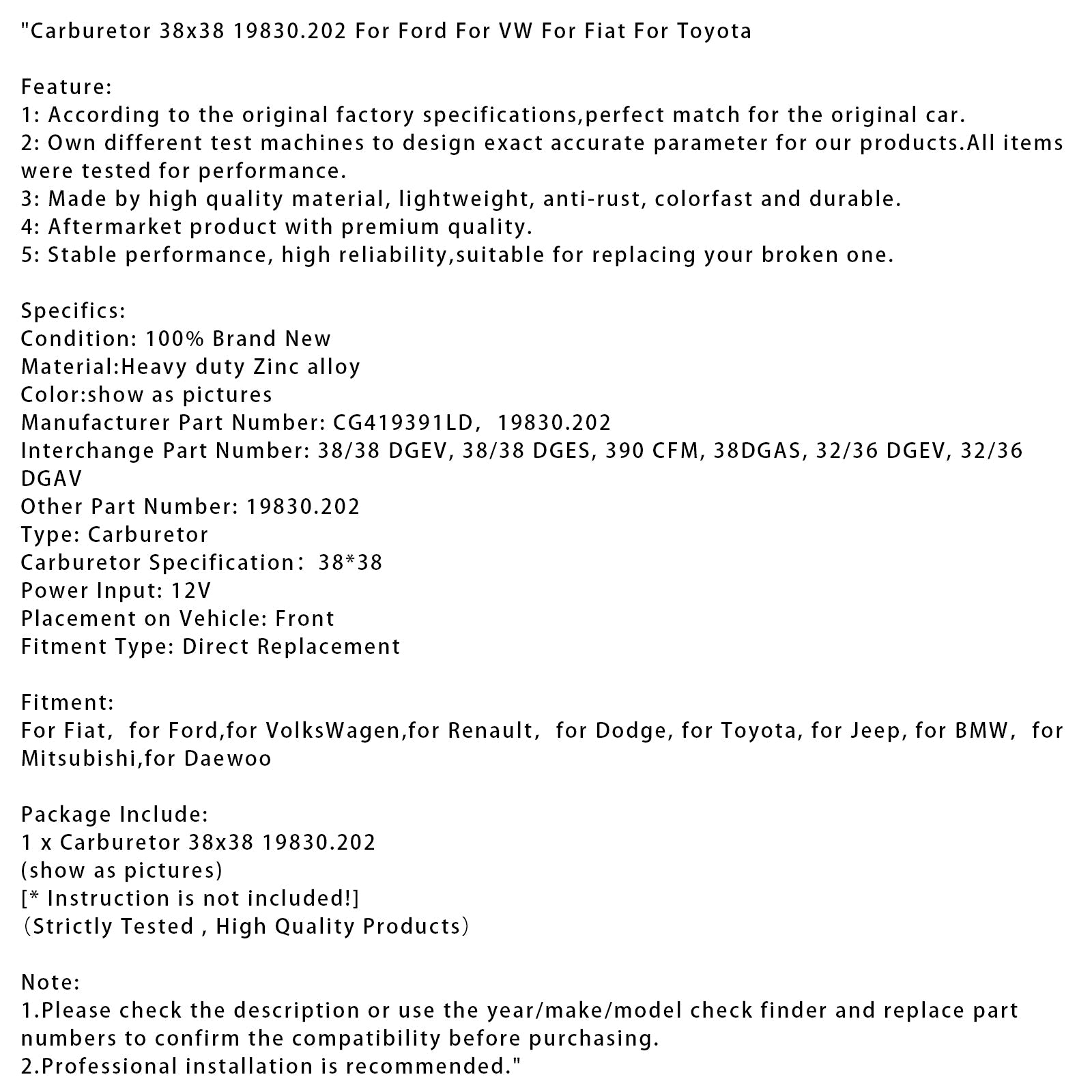 Carburetor 38x38 19830.202 For Ford For VW For Fiat For Toyota